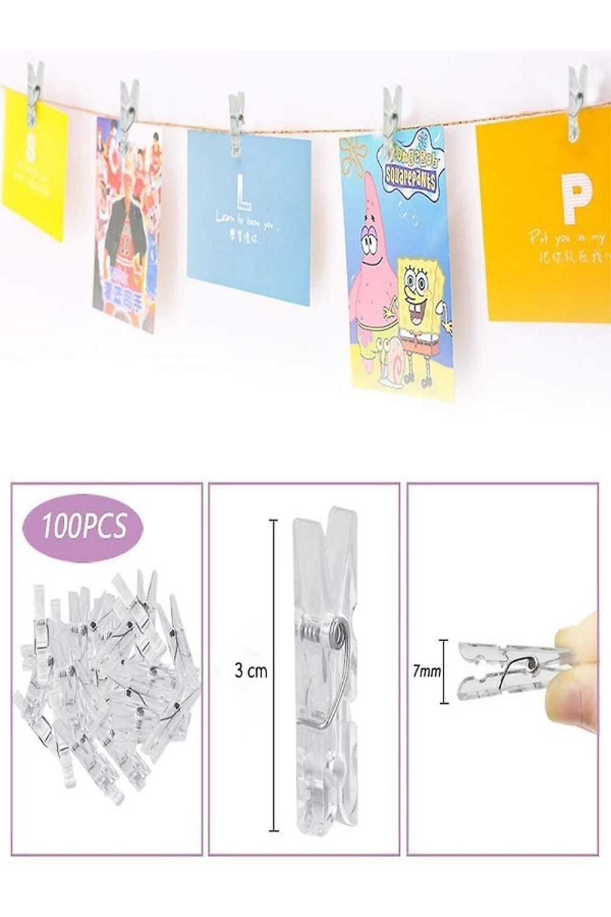 100 Adet Şeffaf Mini Mandal 3cm Hobi Fotoğraf Askı Mandalı