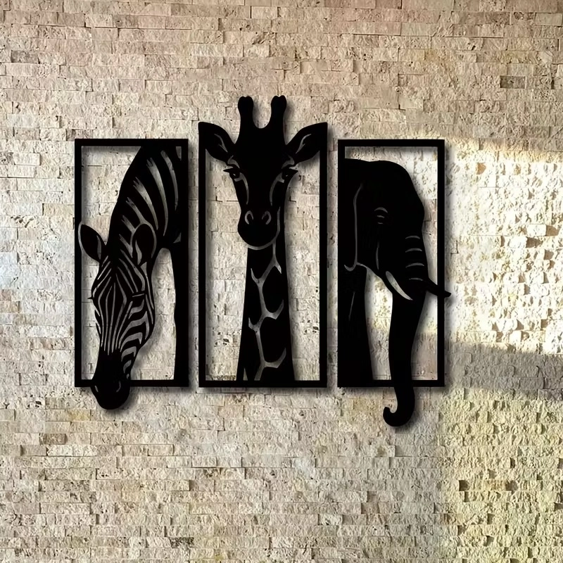CajuArt Dekoratif Üçlü Hayvan Zebra Zürafa Fil Ahşap Duvar Tablo Dekor