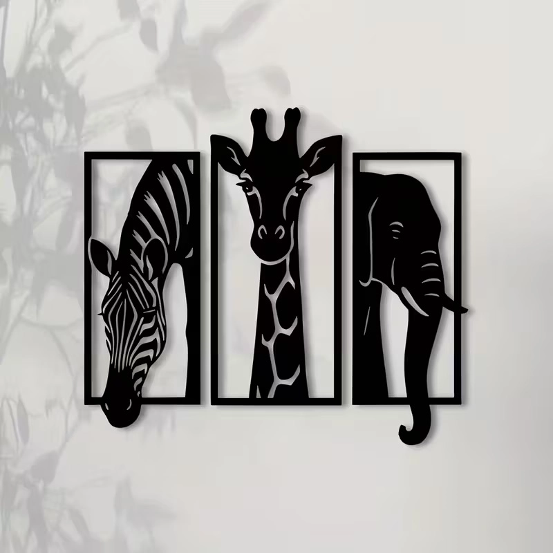 CajuArt Dekoratif Üçlü Hayvan Zebra Zürafa Fil Ahşap Duvar Tablo Dekor