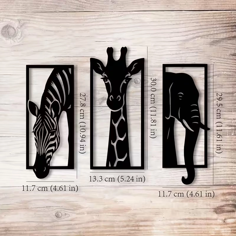 CajuArt Dekoratif Üçlü Hayvan Zebra Zürafa Fil Ahşap Duvar Tablo Dekor
