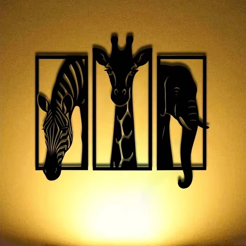 CajuArt Dekoratif Üçlü Hayvan Zebra Zürafa Fil Ahşap Duvar Tablo Dekor