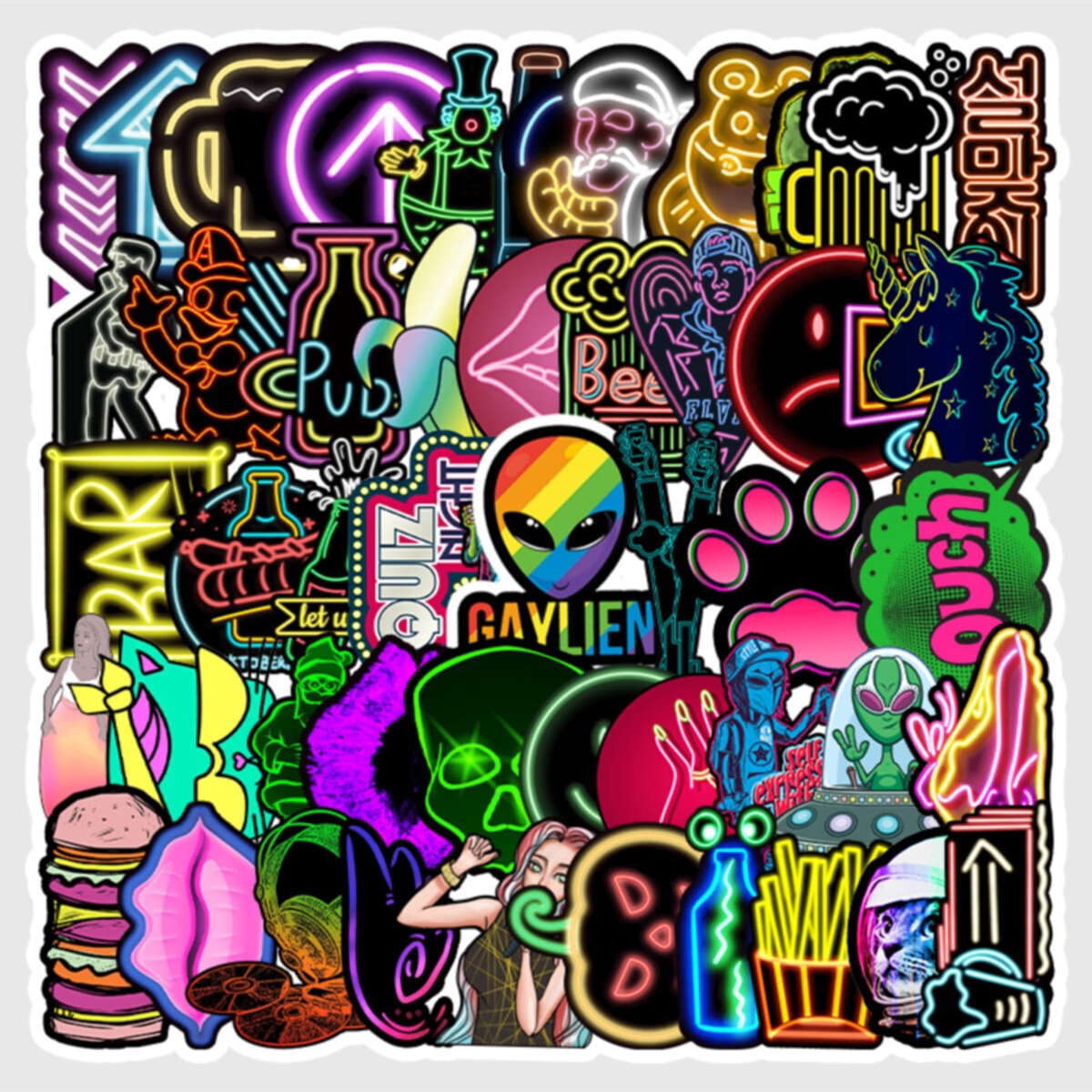 50 Adet Tekrarsız Neon Tarz Kalite Pvc Sticker Süs 010
