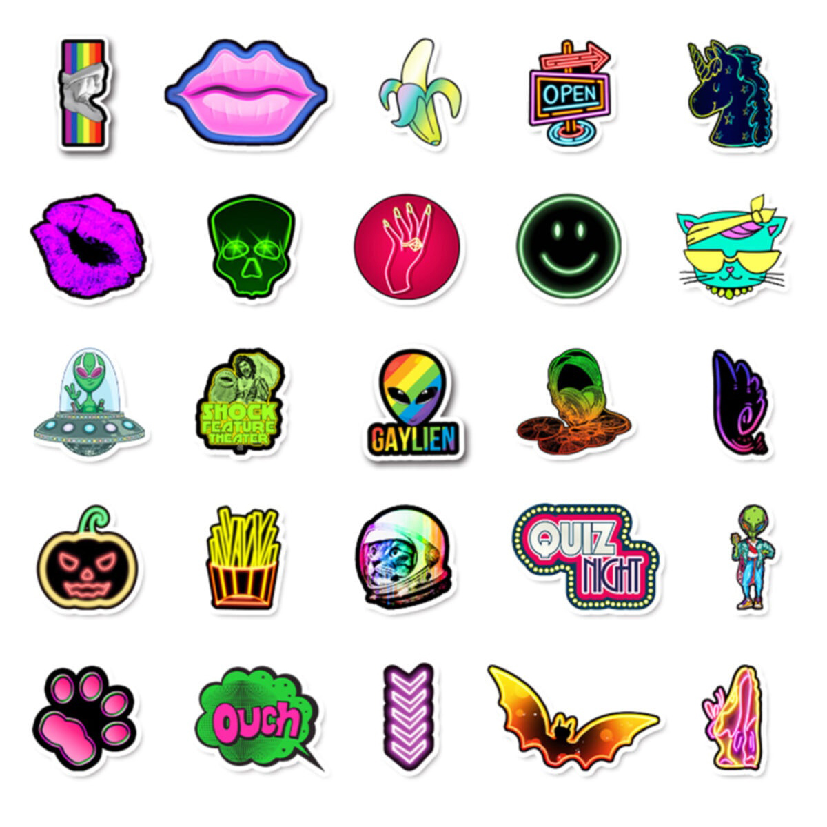 50 Adet Tekrarsız Neon Tarz Kalite Pvc Sticker Süs 010