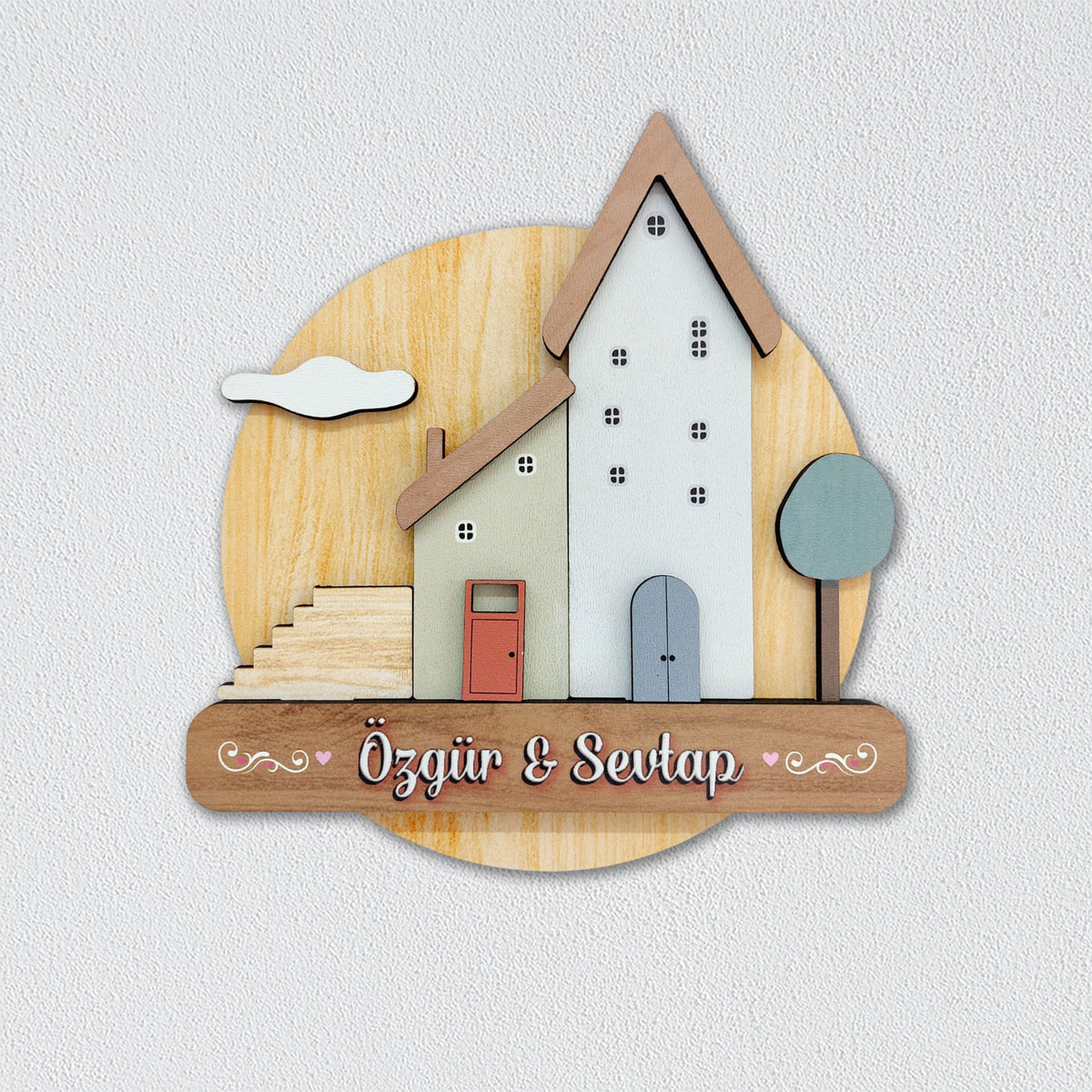 Ahşap Pastel Evler Kişiye Özel Isim Yazılı Kapı Duvar Süs Dekor