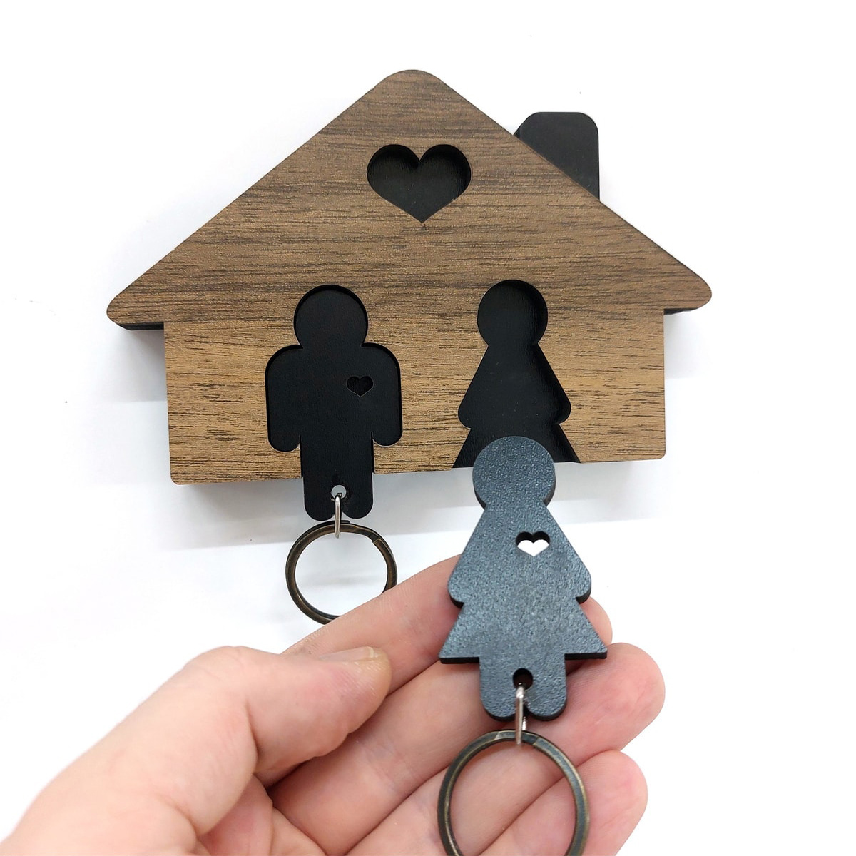 Ahşap Puzzle Tasarım Sevgili Çift Sevimli Ev Duvar Anahtarlık