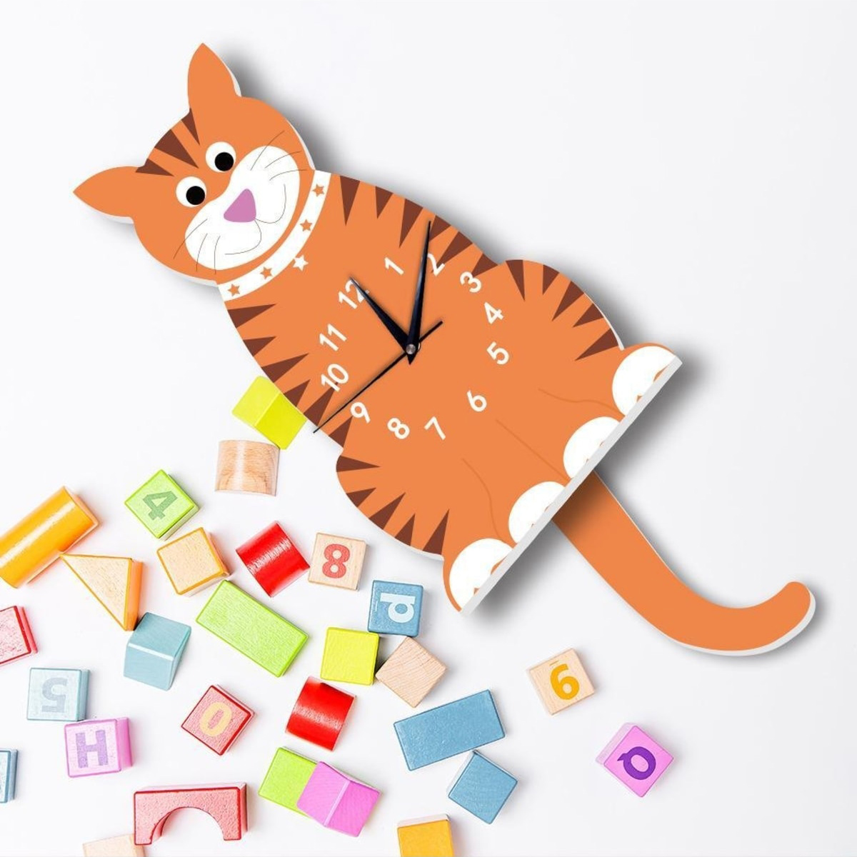 Ahşap Sallanan Sarkaçlı Tekir Kedi Çocuk Odası Duvar Saati
