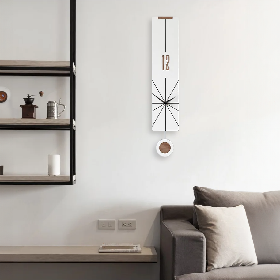 CajuArt Modern Uzun Ahşap Çarpraz Çizgili Sarkaçlı Dekoratif Duvar Saati