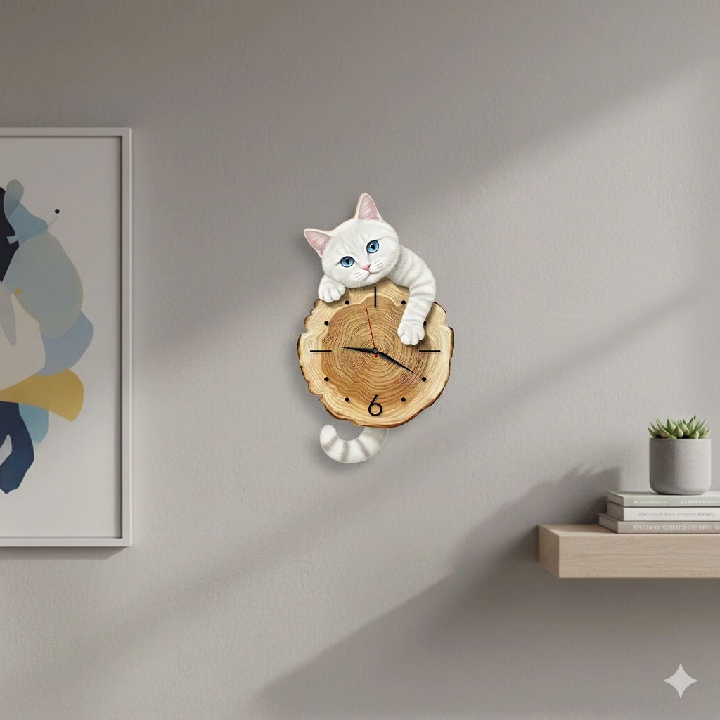 CajuArt Kütük Üzerinden Bakan Kedi Tasarımlı Duvar Saati Modern Dekoratif Saat 6 Farklı Kedi Seçenekli