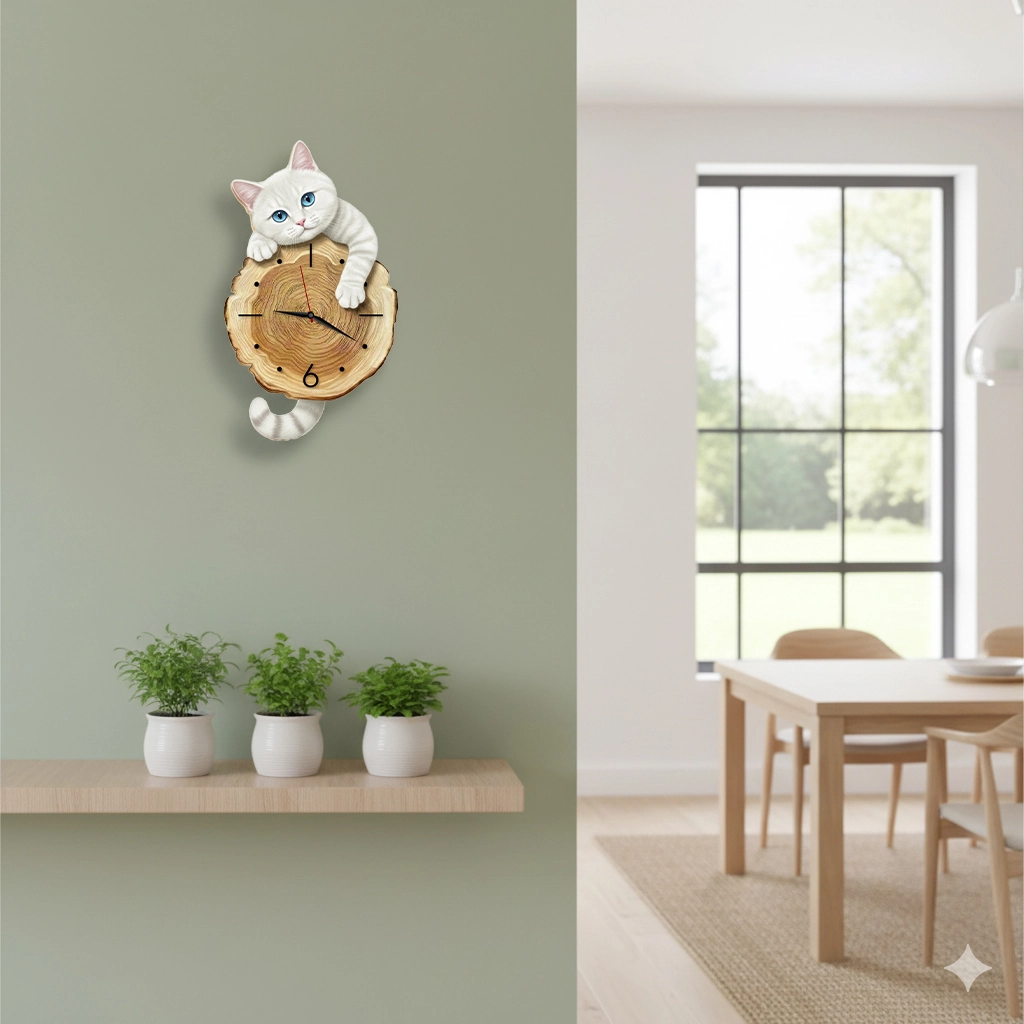 CajuArt Kütük Üzerinden Bakan Kedi Tasarımlı Duvar Saati Modern Dekoratif Saat 6 Farklı Kedi Seçenekli