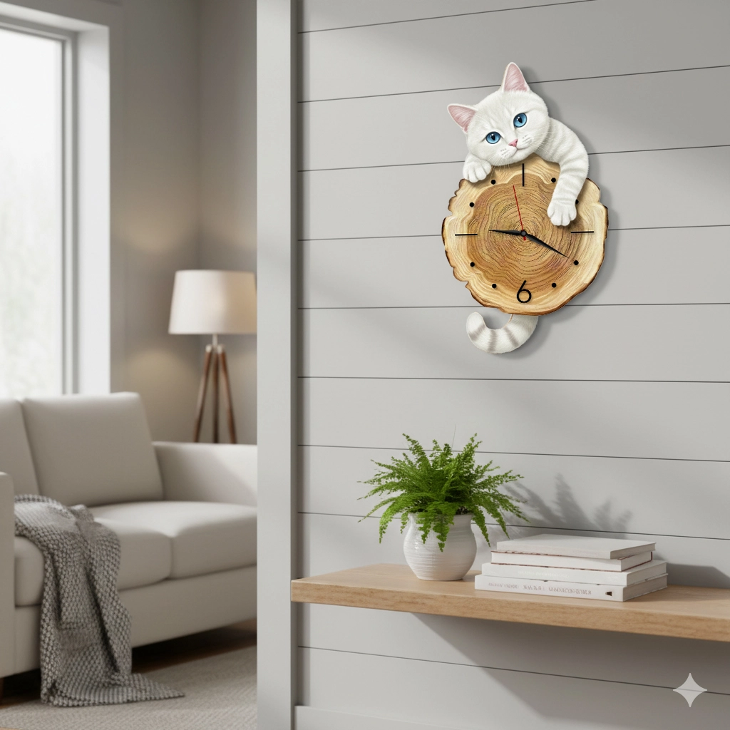 CajuArt Kütük Üzerinden Bakan Kedi Tasarımlı Duvar Saati Modern Dekoratif Saat 6 Farklı Kedi Seçenekli