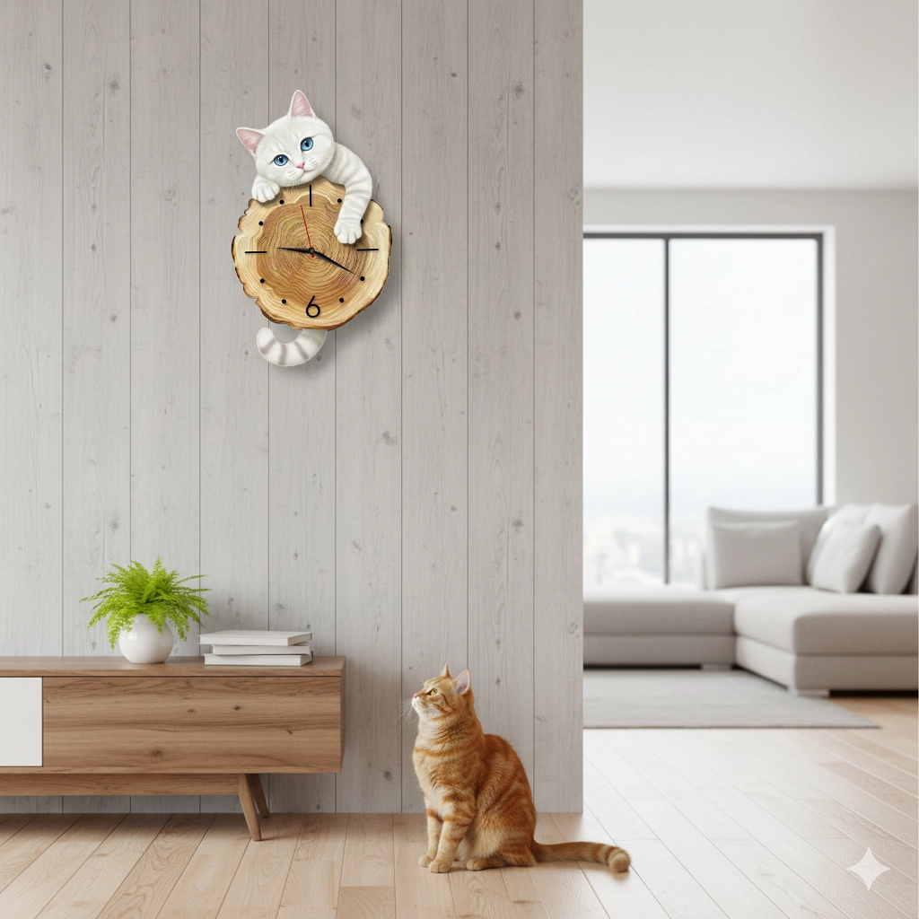 CajuArt Kütük Üzerinden Bakan Kedi Tasarımlı Duvar Saati Modern Dekoratif Saat 6 Farklı Kedi Seçenekli