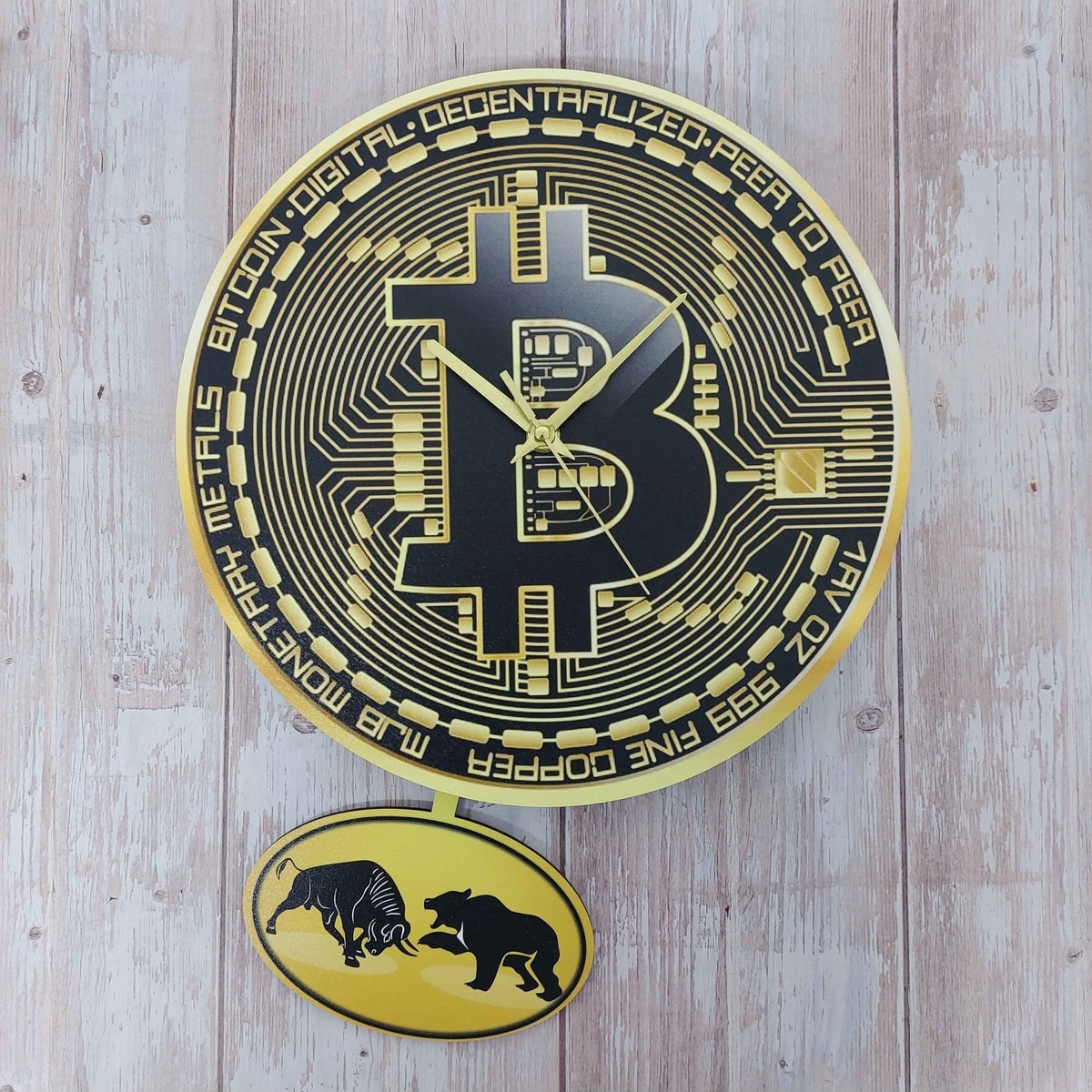 Bitcoin Temalı Sallanan Sarkaçlı Ahşap Duvar Saati Hediye