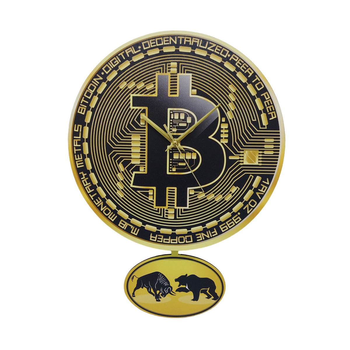 Bitcoin Temalı Sallanan Sarkaçlı Ahşap Duvar Saati Hediye