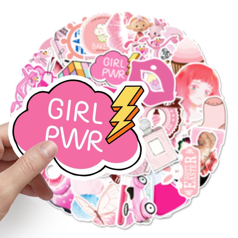 50 Adet Tekrarsız Pembe Karışık Kalite Pvc Sticker 08