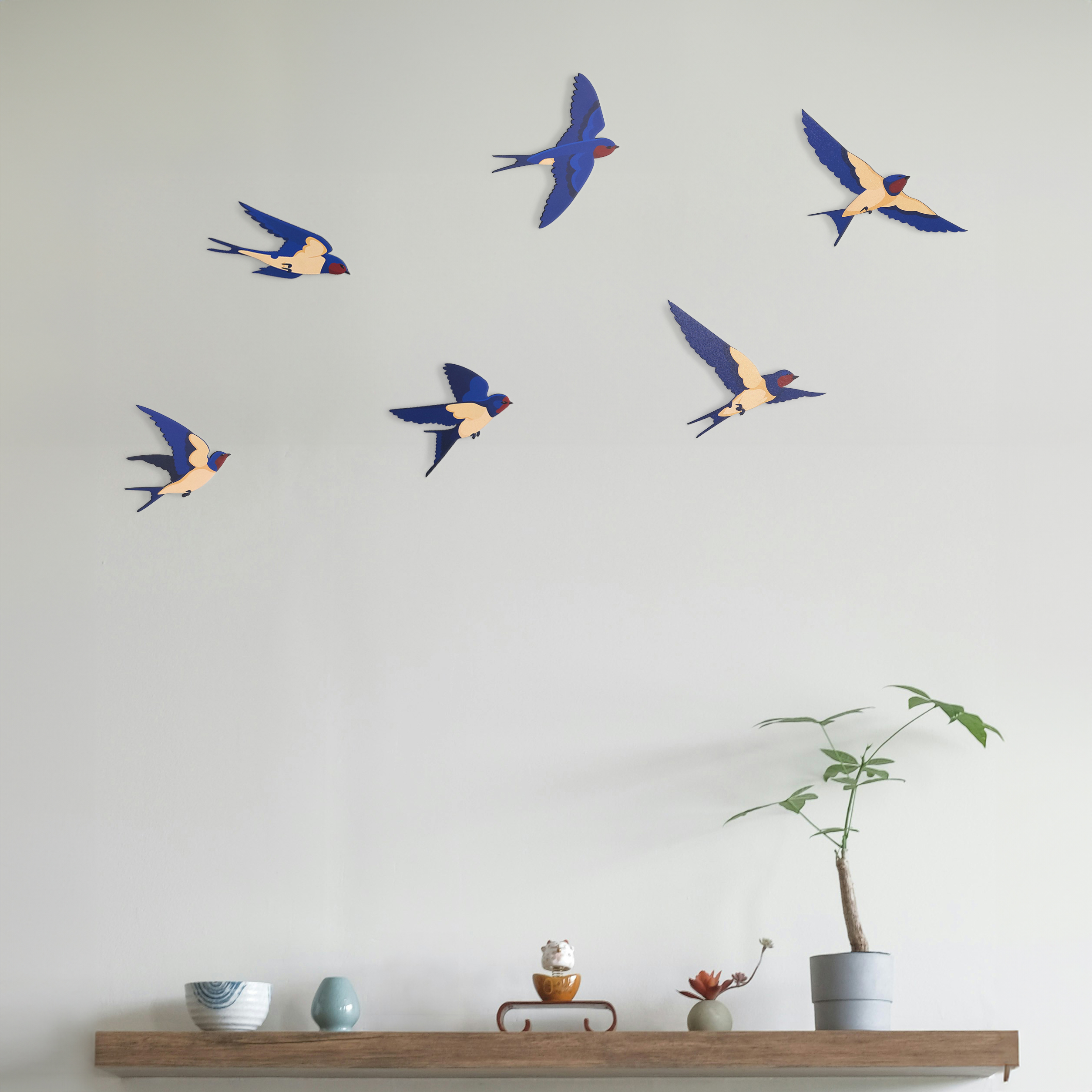 CajuArt Dekoratif 6 Parça Mavi Kırlangıç Ahşap Duvar Tablo Duvar Dekoru