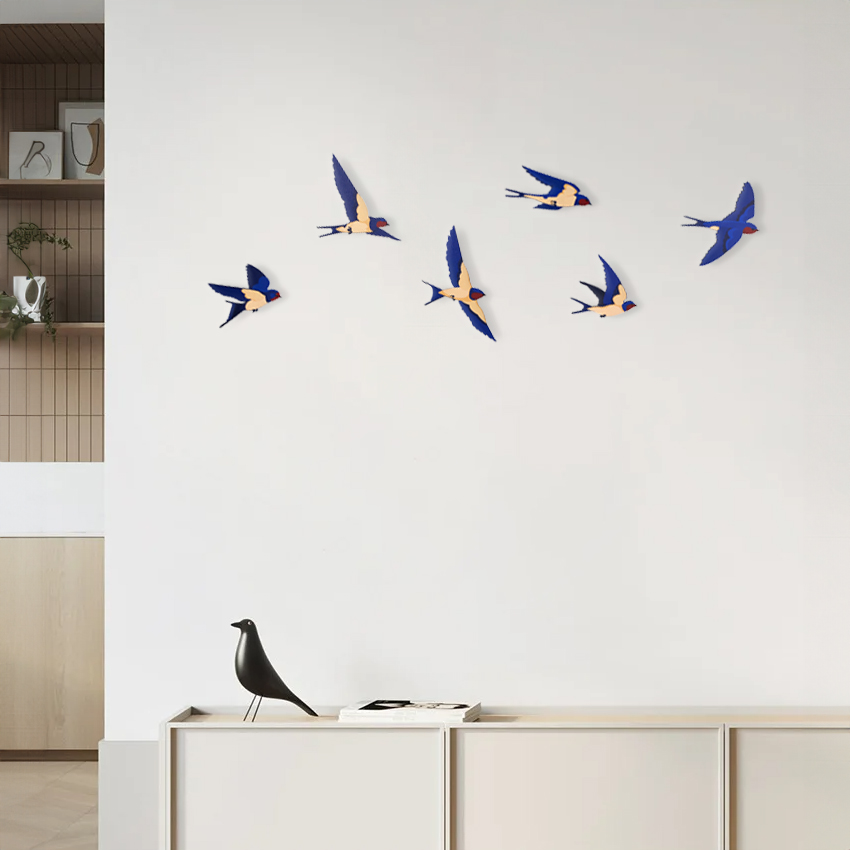 CajuArt Dekoratif 6 Parça Mavi Kırlangıç Ahşap Duvar Tablo Duvar Dekoru