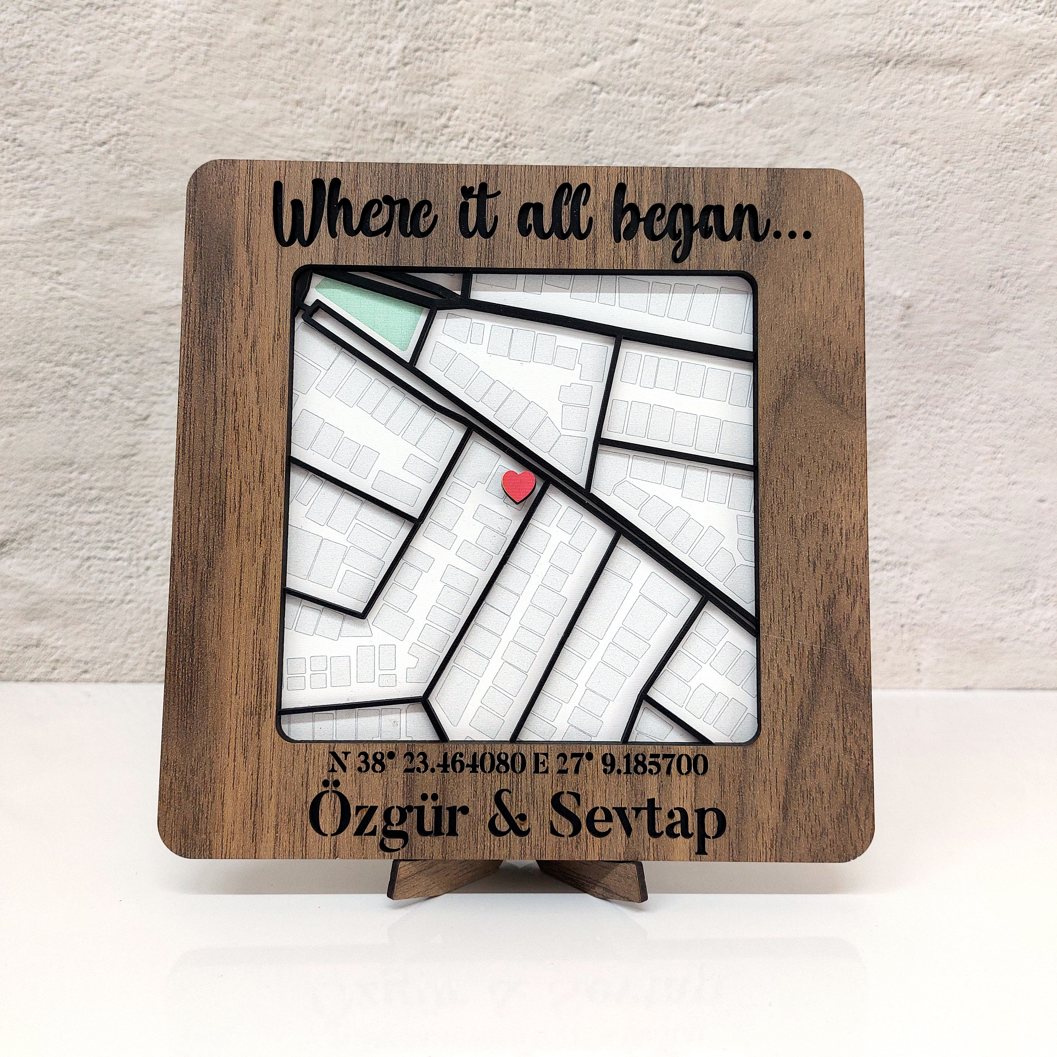 3D Ahşap Kalpli Sevgili Başlangıç Şehir Haritası Duvar Masa Dekor Kişiye Özel Sevgililer Günü Hediyesi