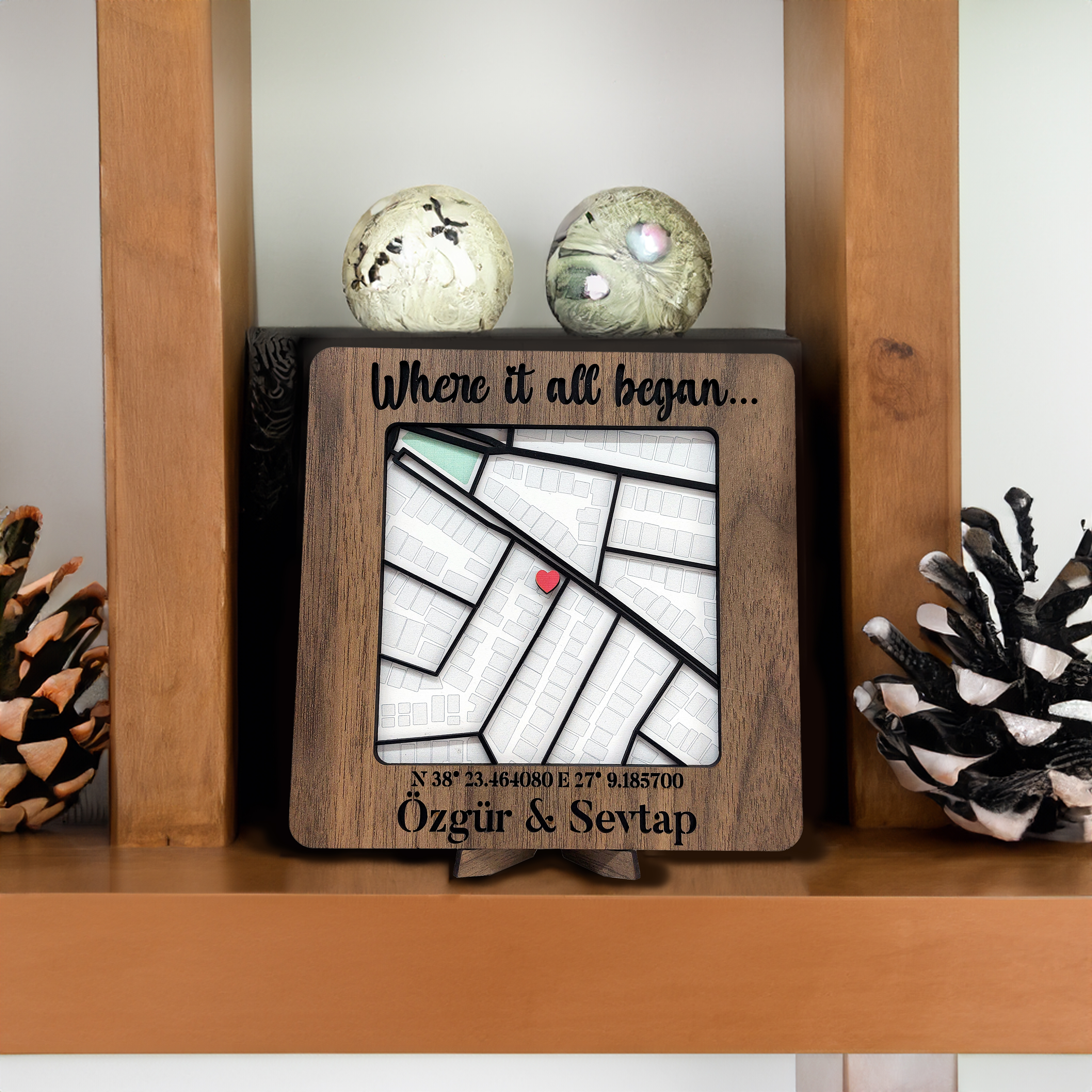 3D Ahşap Kalpli Sevgili Başlangıç Şehir Haritası Duvar Masa Dekor Kişiye Özel Sevgililer Günü Hediyesi