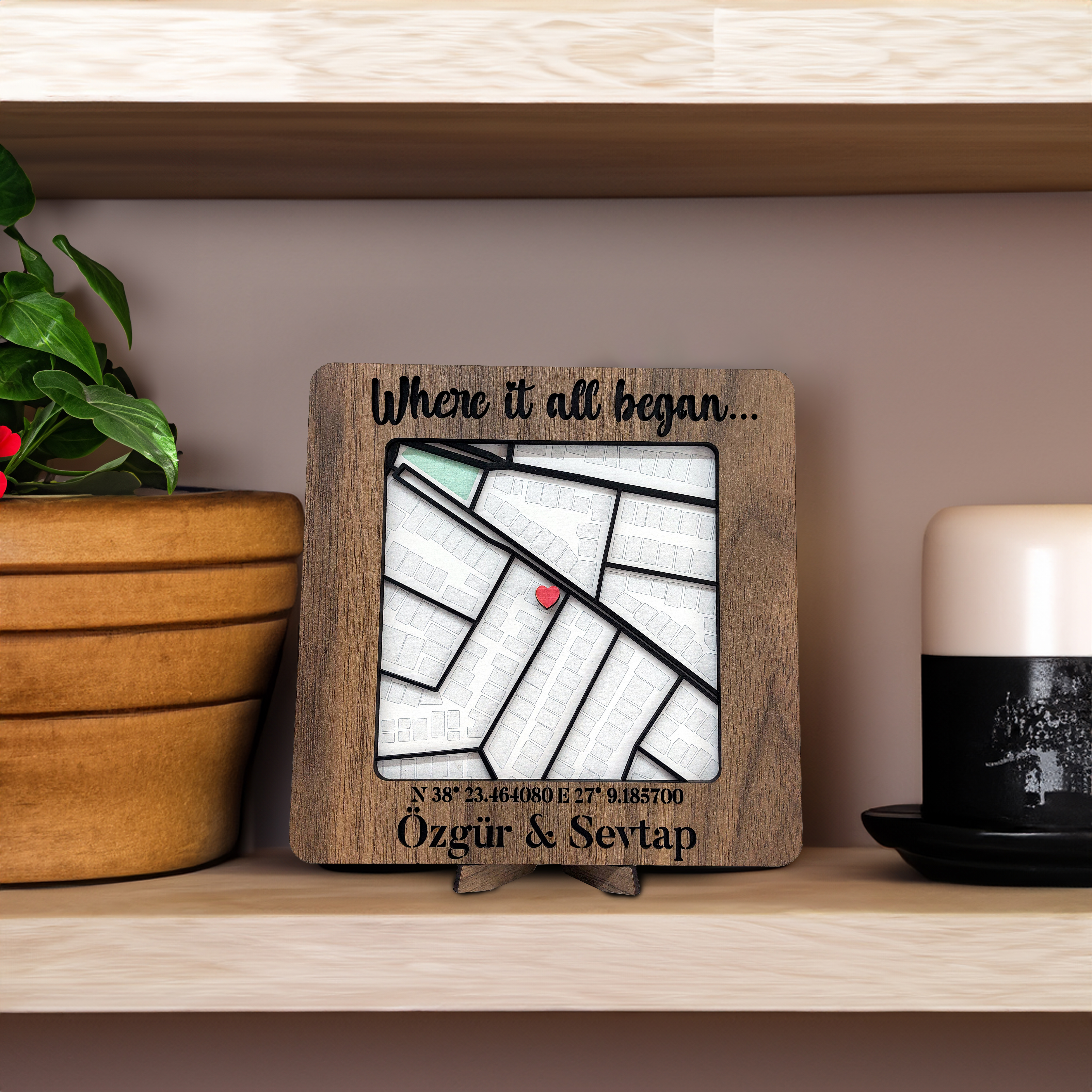 3D Ahşap Kalpli Sevgili Başlangıç Şehir Haritası Duvar Masa Dekor Kişiye Özel Sevgililer Günü Hediyesi