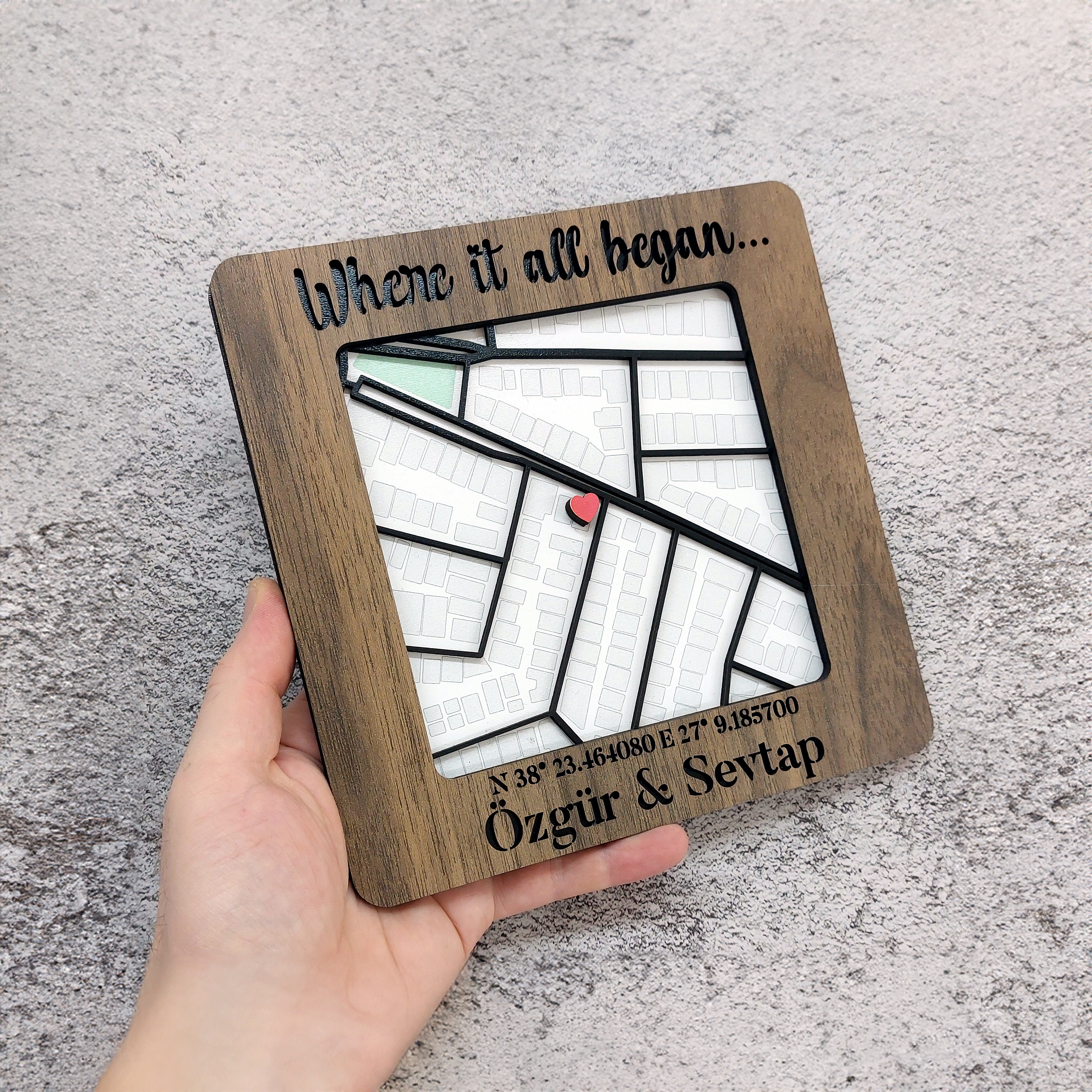 3D Ahşap Kalpli Sevgili Başlangıç Şehir Haritası Duvar Masa Dekor Kişiye Özel Sevgililer Günü Hediyesi