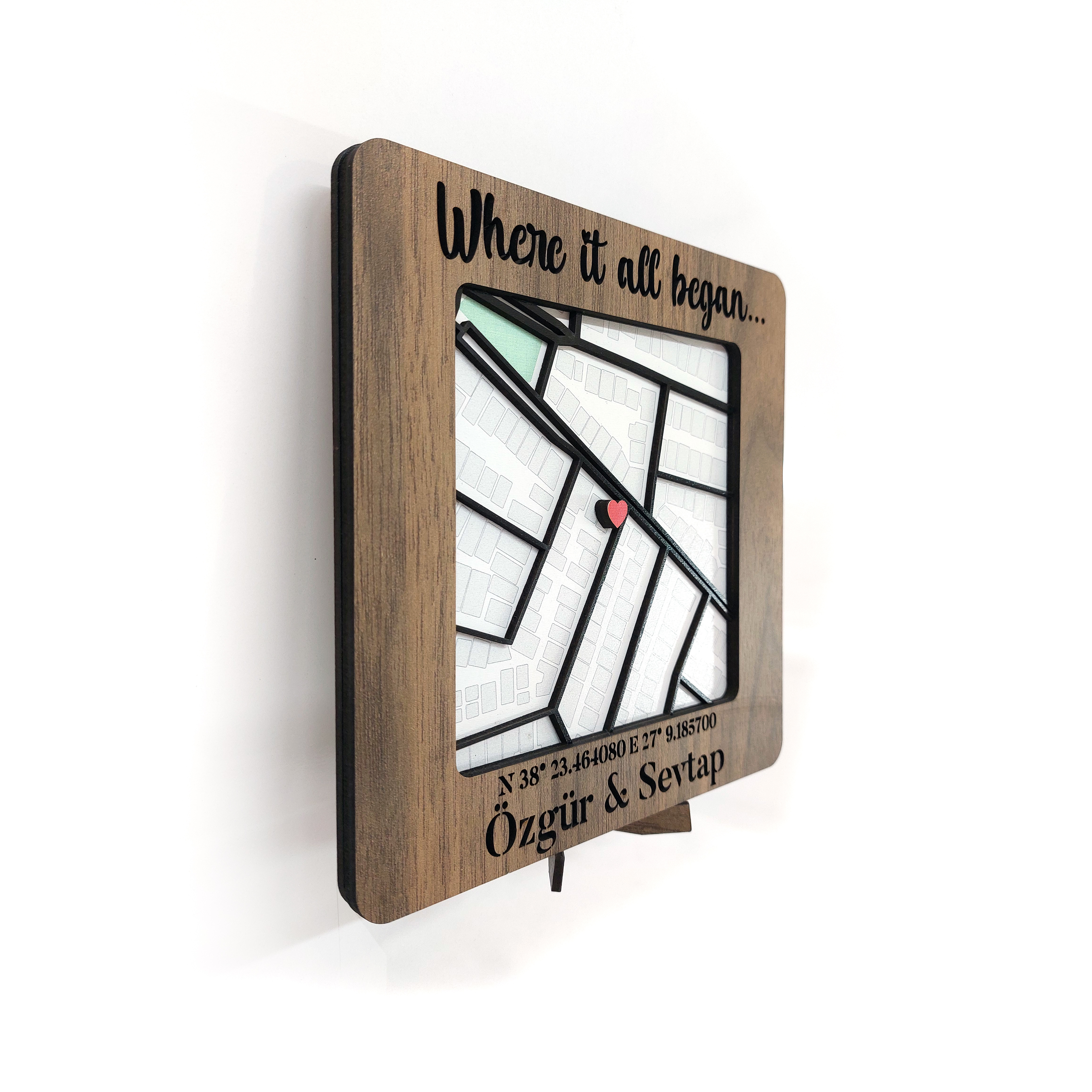 3D Ahşap Kalpli Sevgili Başlangıç Şehir Haritası Duvar Masa Dekor Kişiye Özel Sevgililer Günü Hediyesi