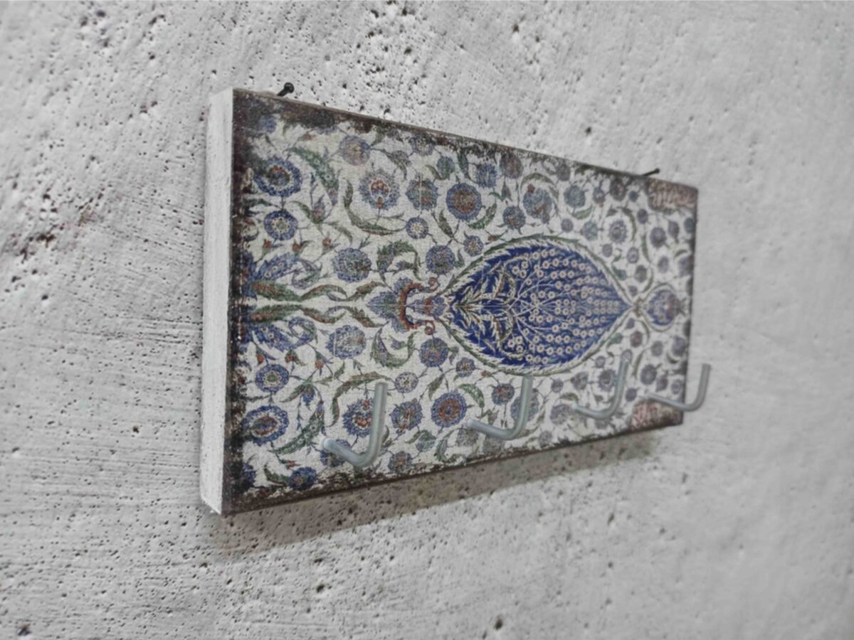 Dekoratif Ahşap Anahtarlık Askılık Çini Mavi Desen