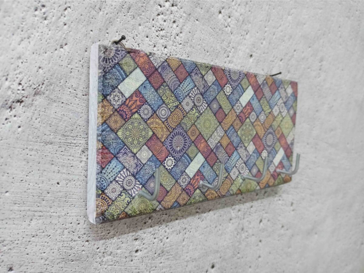 Dekoratif Ahşap Anahtarlık Askılık Renkli Geometrik Desen