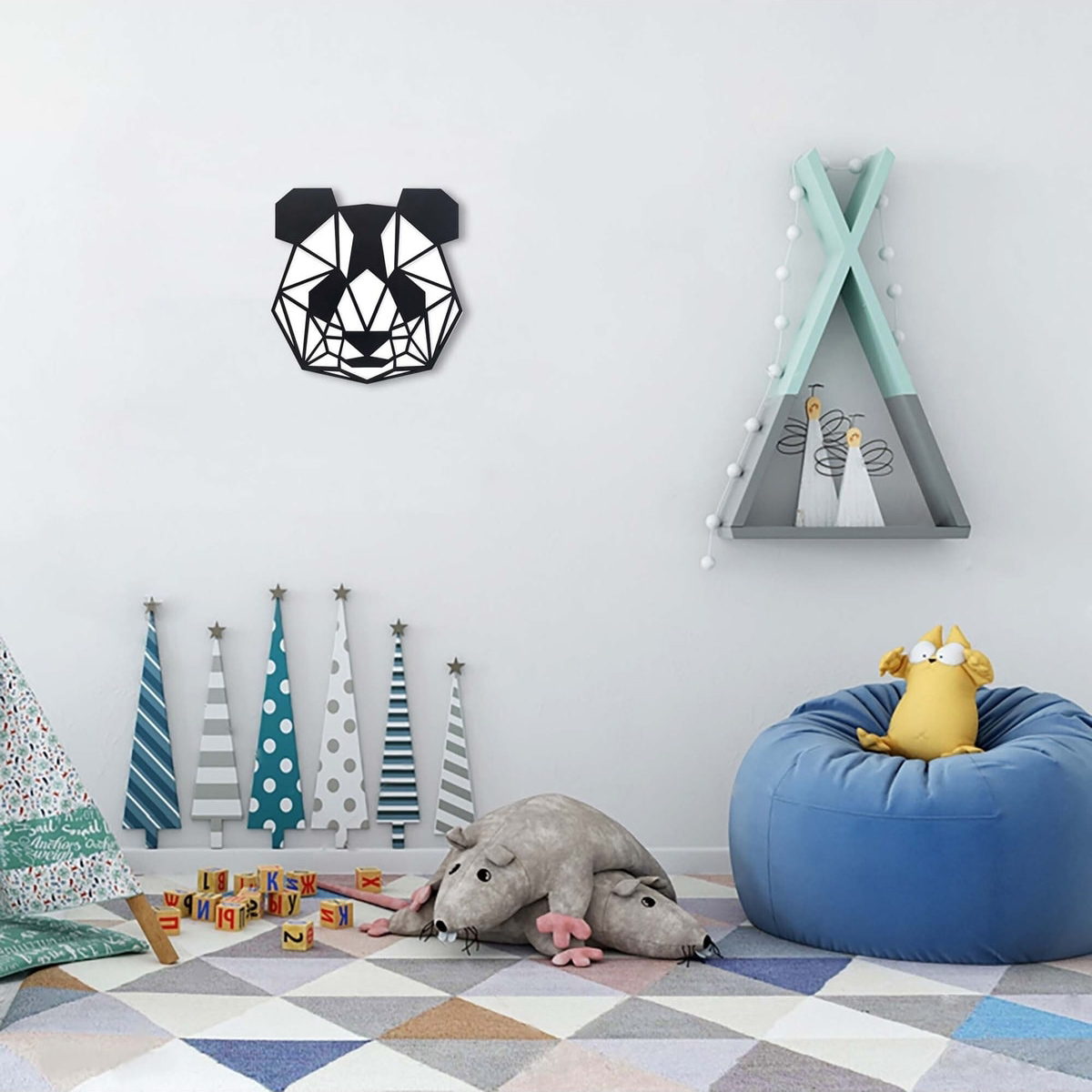 Dekoratif Geometrik 45 Cm Panda Ahşap Tablo Duvar Dekoru