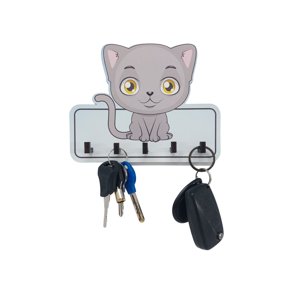 Dekoratif Gri Sevimli Kedi Ahşap Anahtarlık Hol Askılık