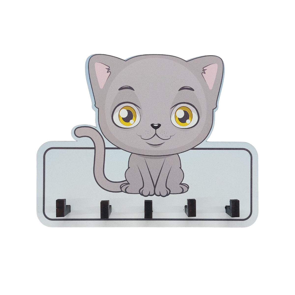 Dekoratif Gri Sevimli Kedi Ahşap Anahtarlık Hol Askılık