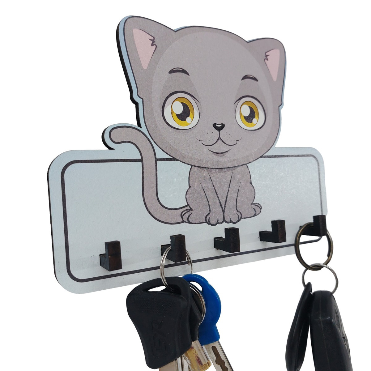 Dekoratif Gri Sevimli Kedi Ahşap Anahtarlık Hol Askılık