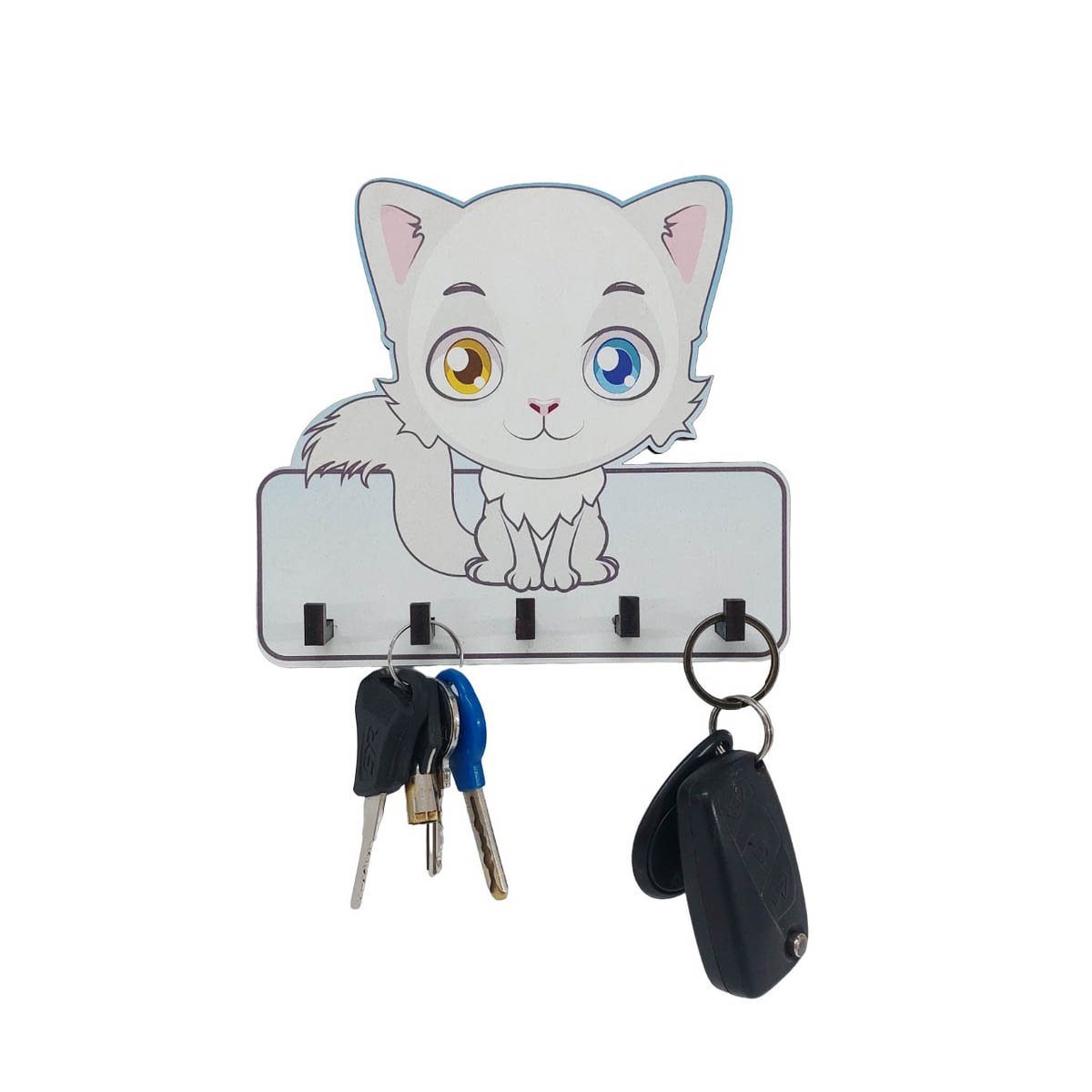 Dekoratif Sevimli Beyaz Kedi Ahşap Anahtarlık Hol Askı