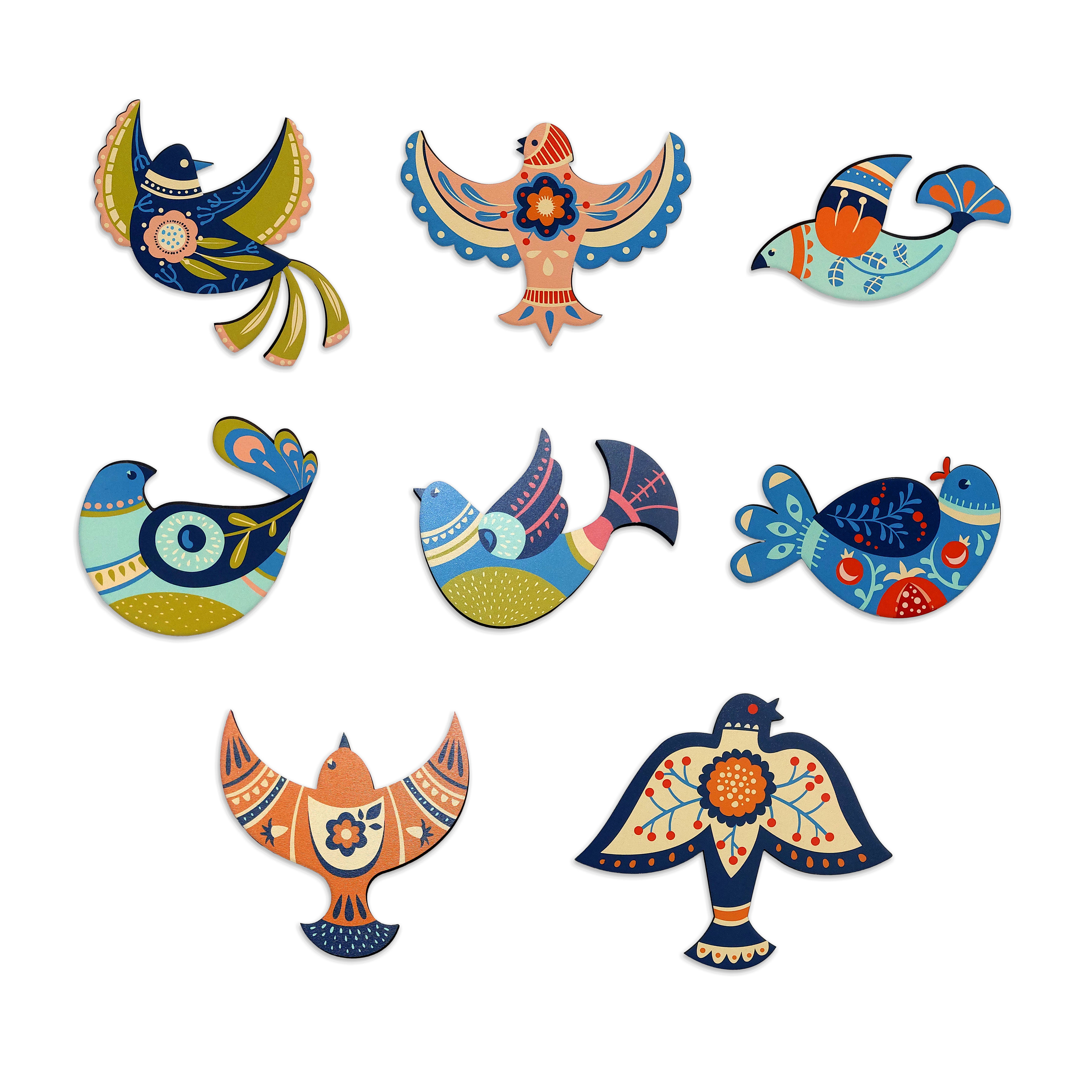 CajuArt Dekoratif 8 Parça Karışık Motifli Kuşlar Ahşap Duvar Tablo Duvar Dekoru