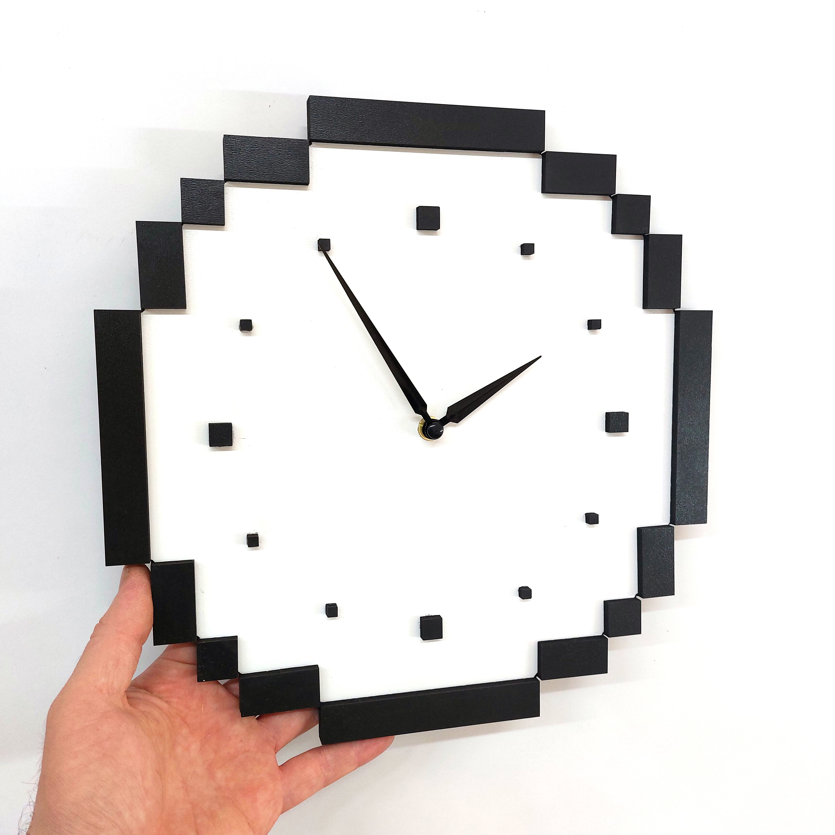 CajuArt Dekoratif Piksel Tasarım Siyah Beyaz Ahşap Duvar Saati Dekor