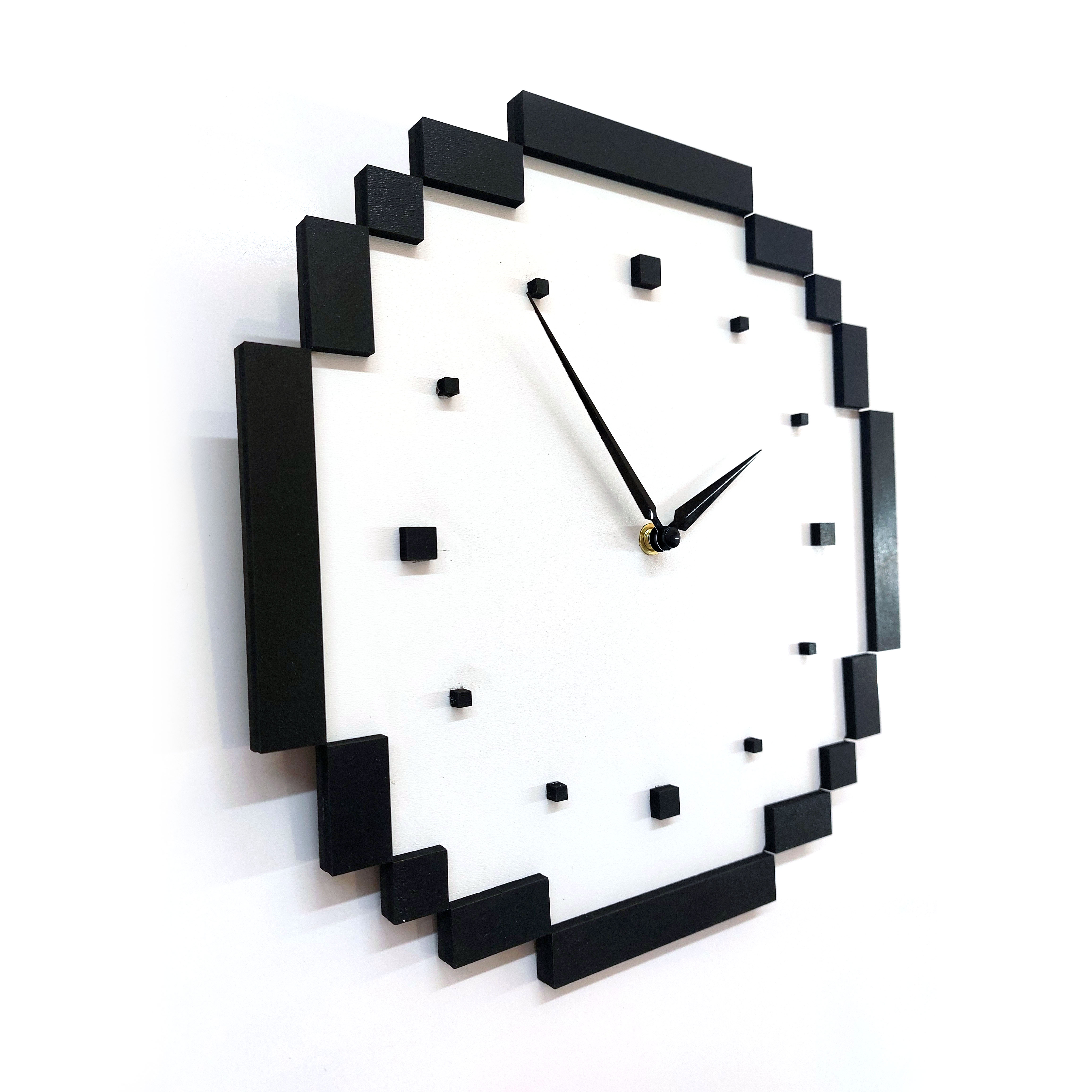 CajuArt Dekoratif Piksel Tasarım Siyah Beyaz Ahşap Duvar Saati Dekor