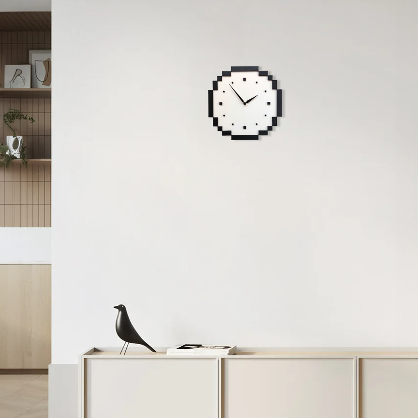 CajuArt Dekoratif Piksel Tasarım Siyah Beyaz Ahşap Duvar Saati Dekor