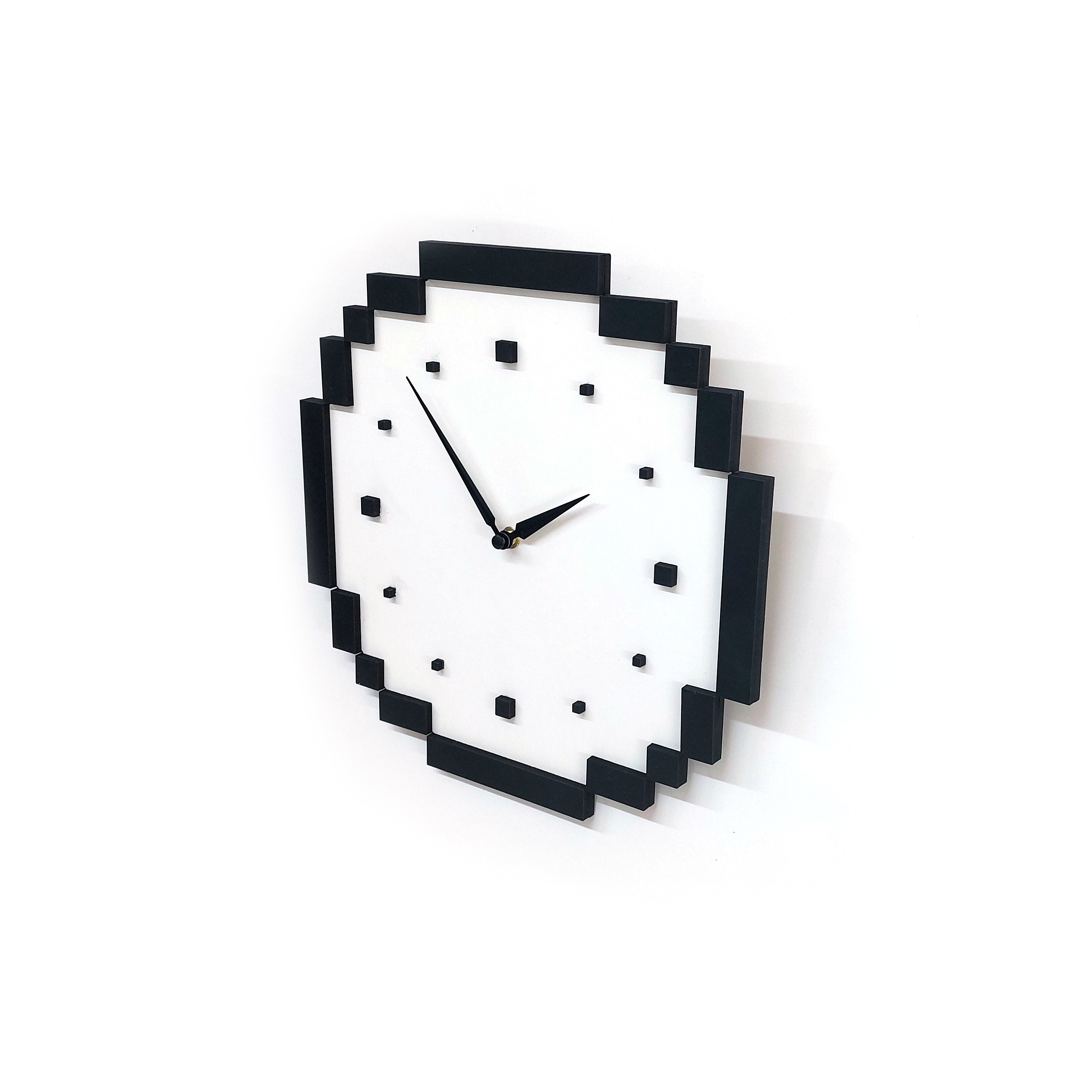 CajuArt Dekoratif Piksel Tasarım Siyah Beyaz Ahşap Duvar Saati Dekor