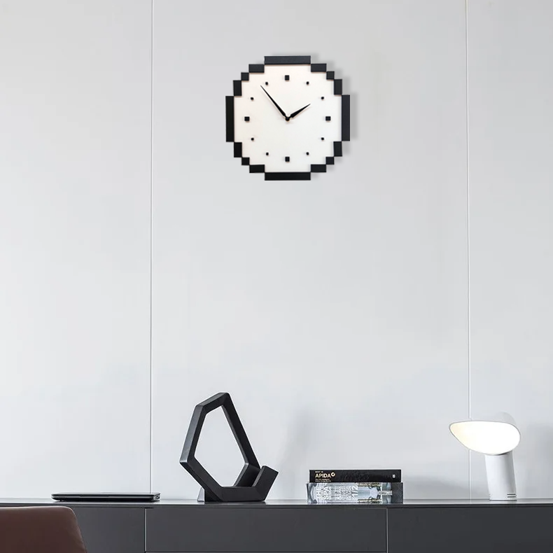 CajuArt Dekoratif Piksel Tasarım Siyah Beyaz Ahşap Duvar Saati Dekor