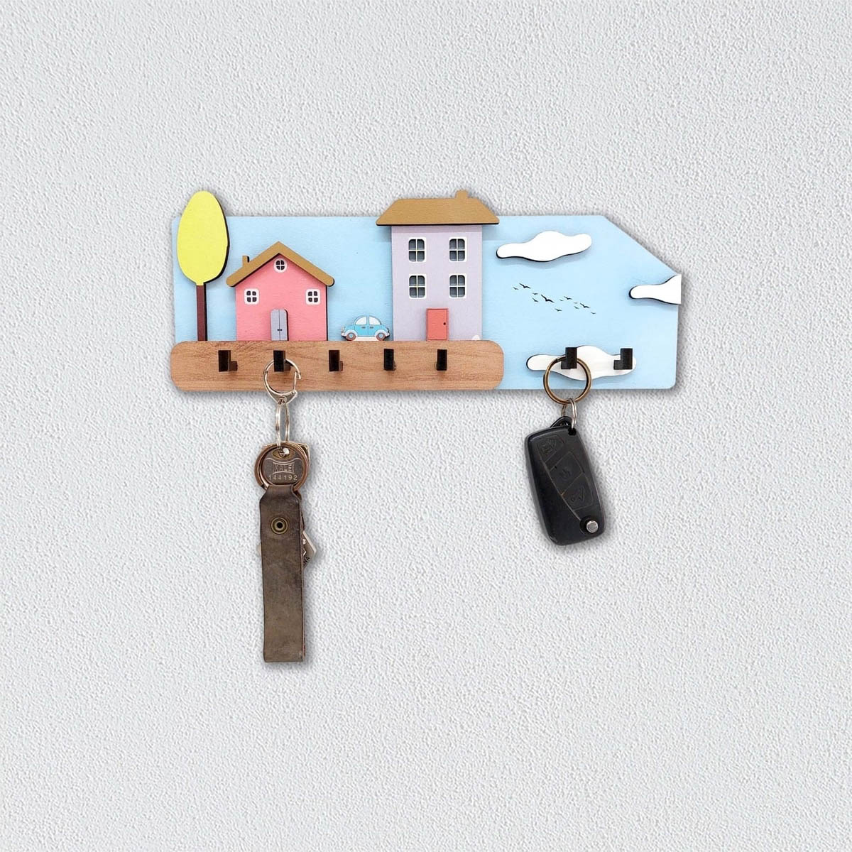 Eğlenceli Renkli Evler Ahşap Hol Askılık Anahtarlık Dekor