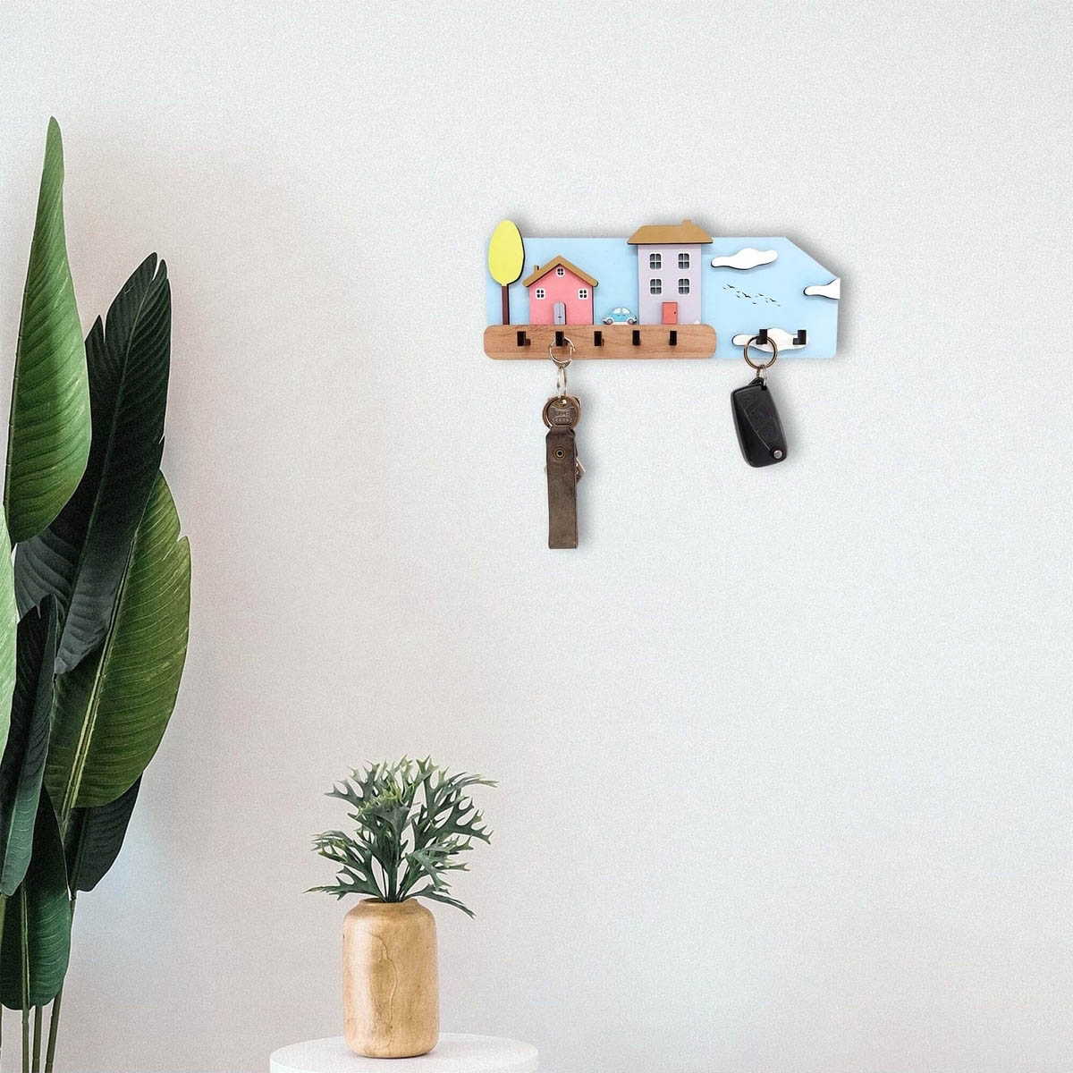 Eğlenceli Renkli Evler Ahşap Hol Askılık Anahtarlık Dekor