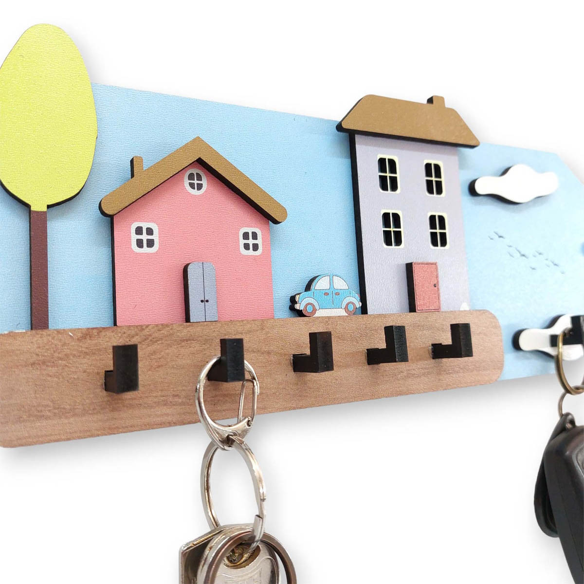Eğlenceli Renkli Evler Ahşap Hol Askılık Anahtarlık Dekor