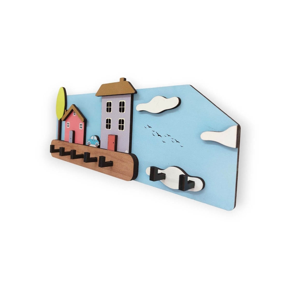 Eğlenceli Renkli Evler Ahşap Hol Askılık Anahtarlık Dekor