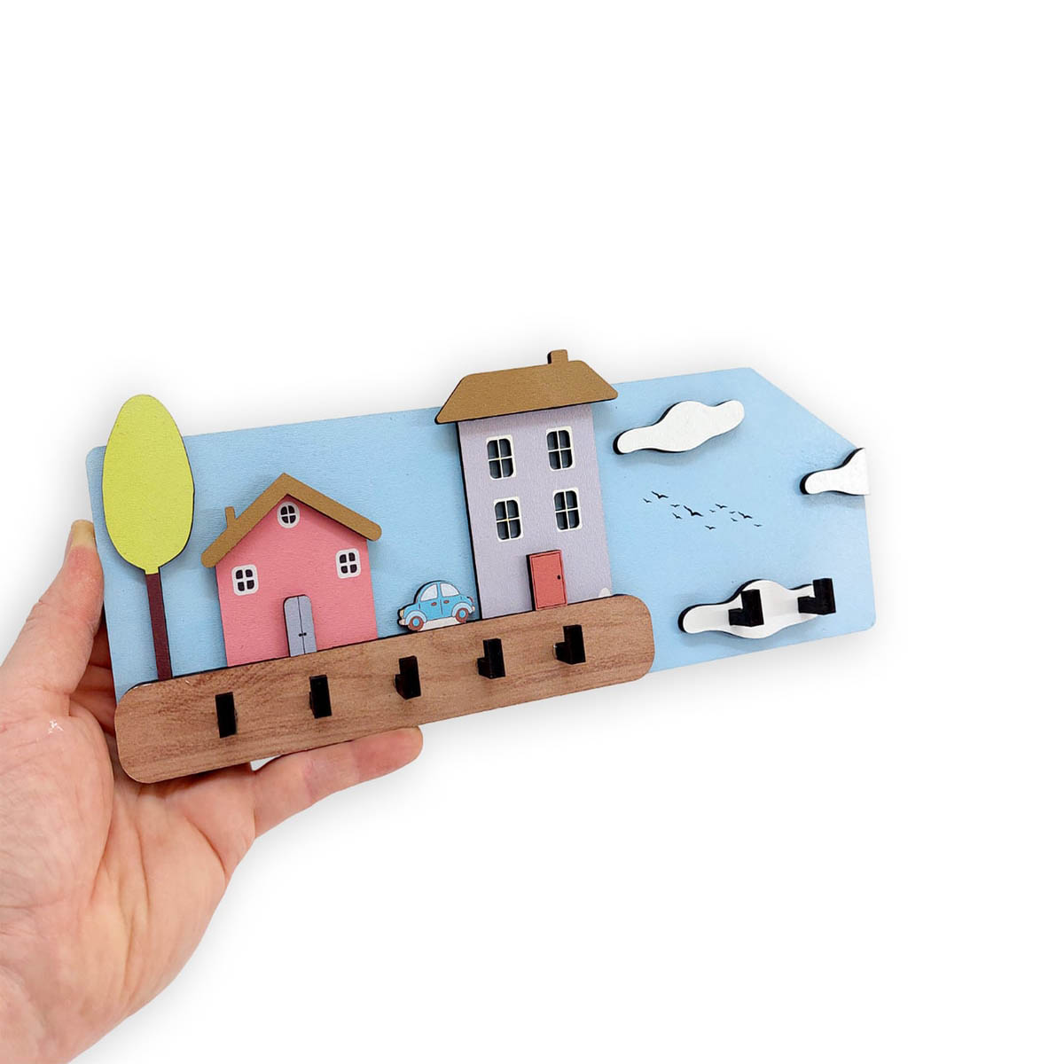 Eğlenceli Renkli Evler Ahşap Hol Askılık Anahtarlık Dekor