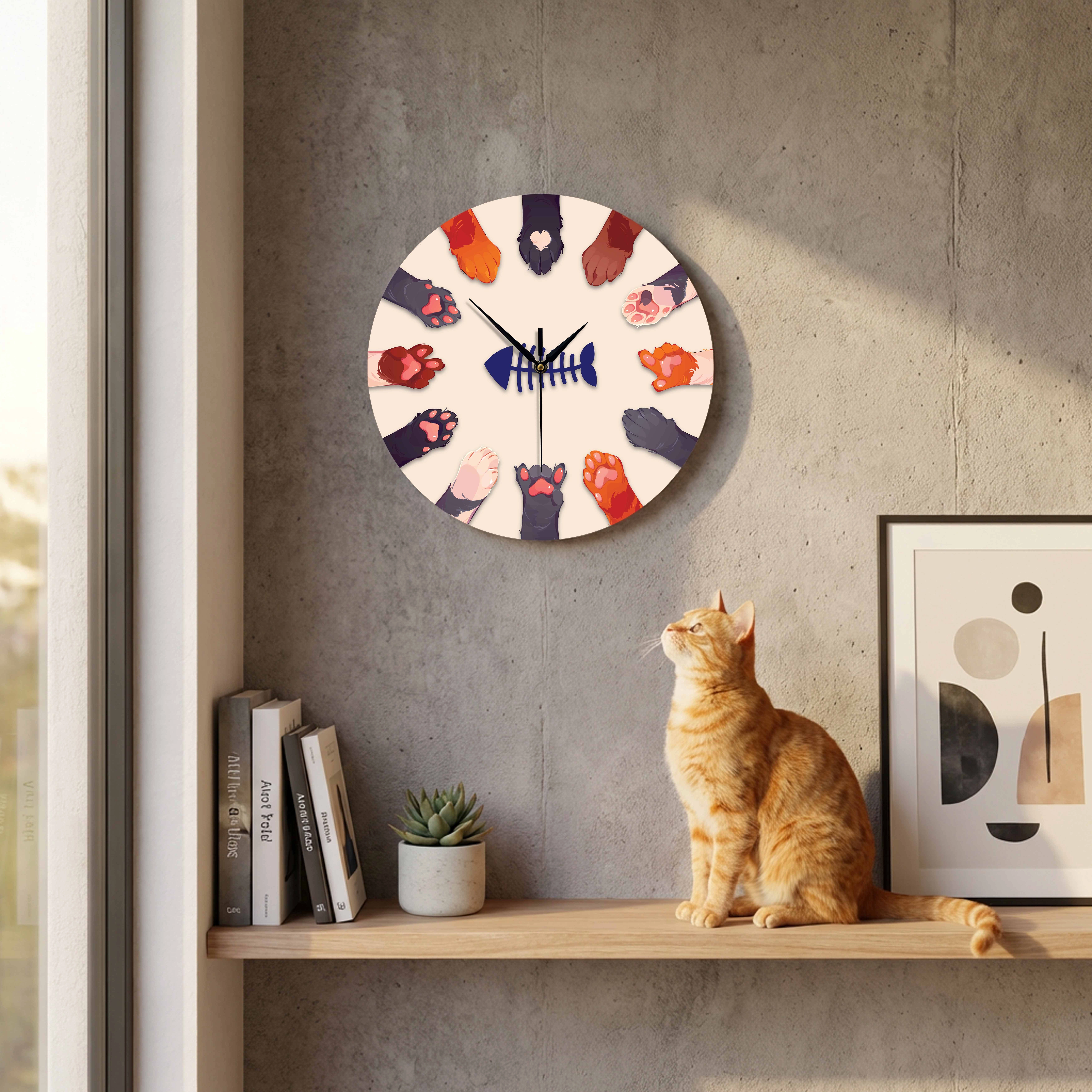 CajuArt Dekoratif Sevimli Kedi Patileri 30 cm Ahşap Duvar Saati Sessiz Mekanizma 