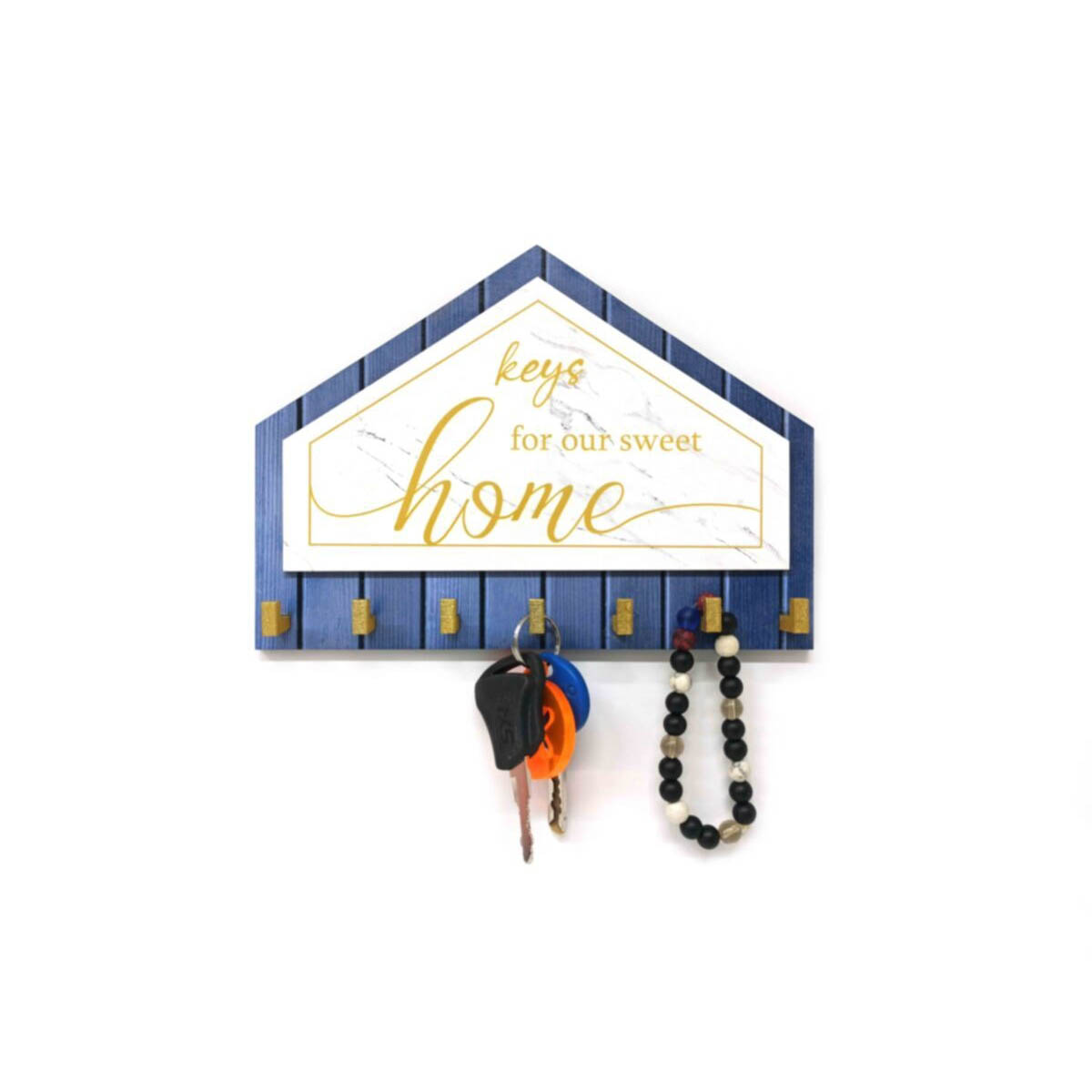 Mavi Beyaz Sarı Dekoratif Üçgen Ahşap Desenli Keys For Home Anahtarlık