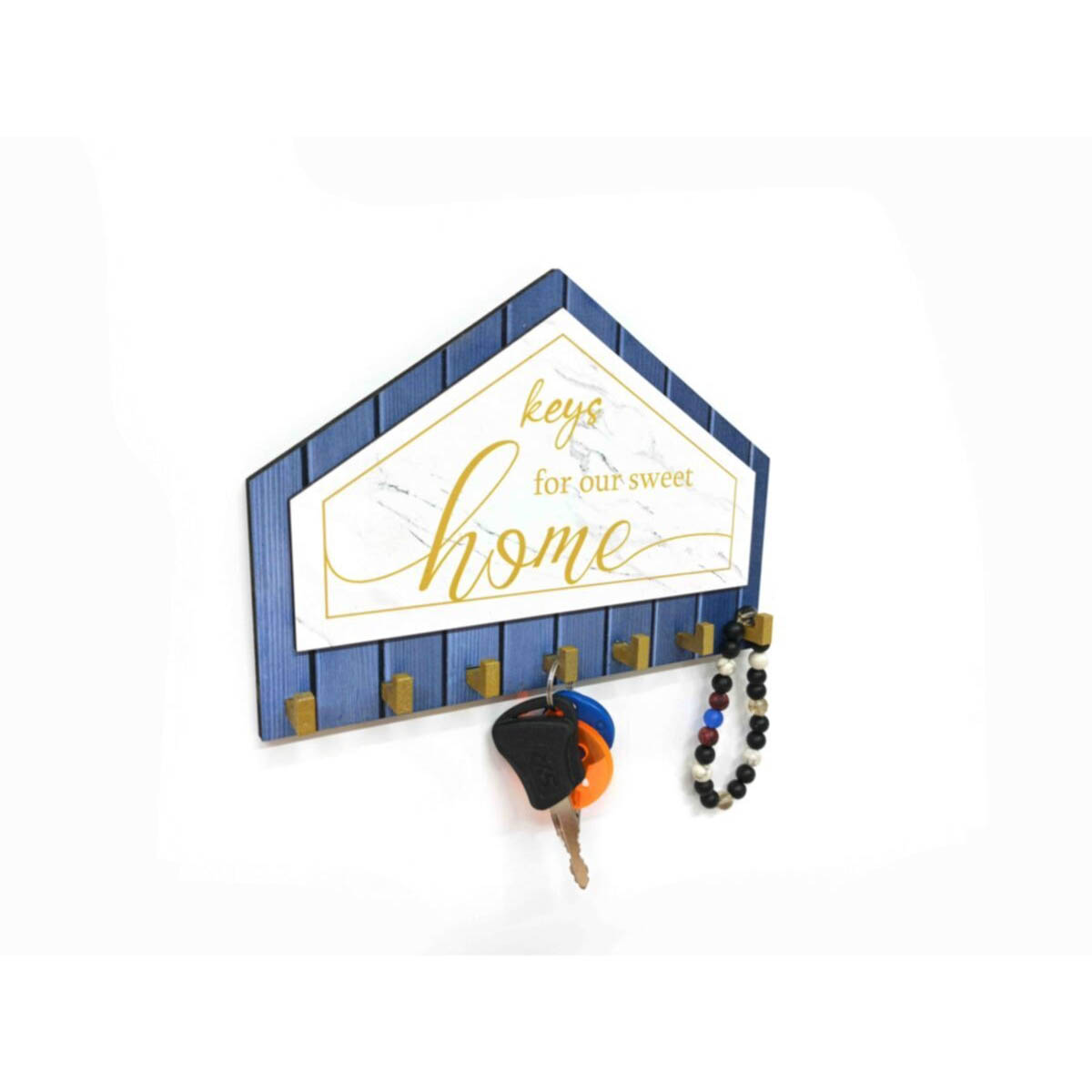 Mavi Beyaz Sarı Dekoratif Üçgen Ahşap Desenli Keys For Home Anahtarlık