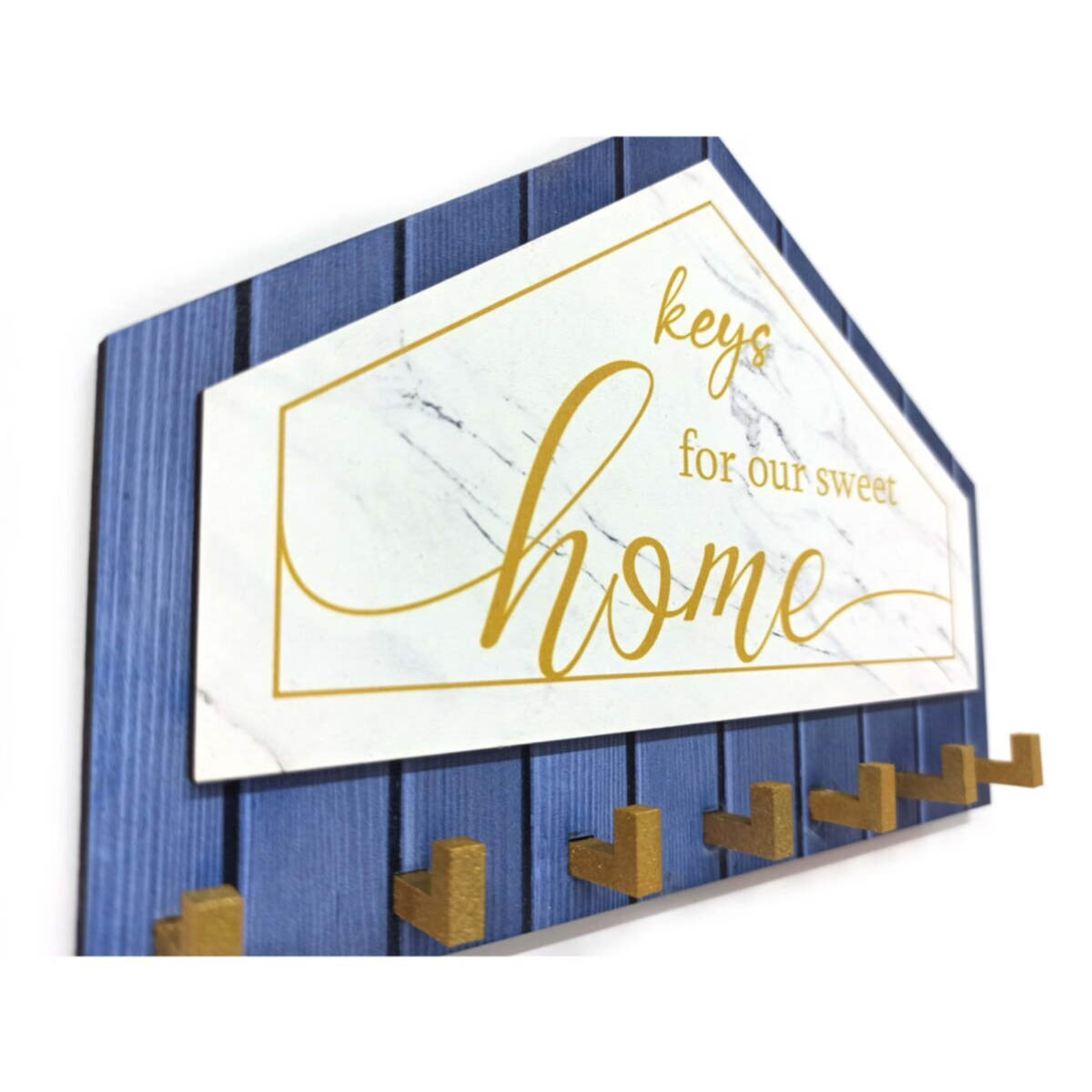 Mavi Beyaz Sarı Dekoratif Üçgen Ahşap Desenli Keys For Home Anahtarlık