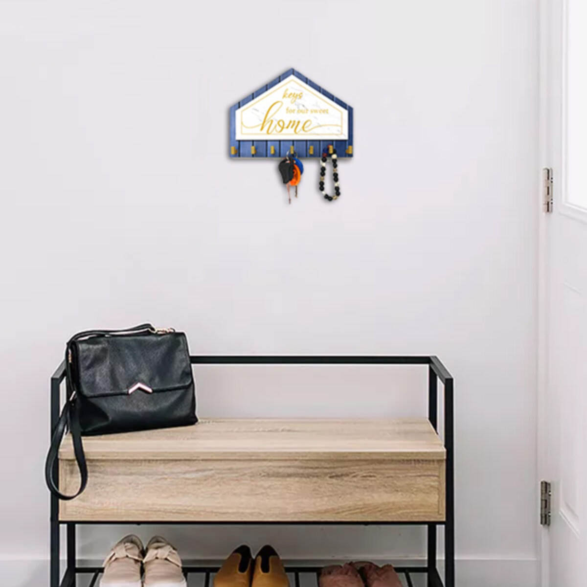 Mavi Beyaz Sarı Dekoratif Üçgen Ahşap Desenli Keys For Home Anahtarlık