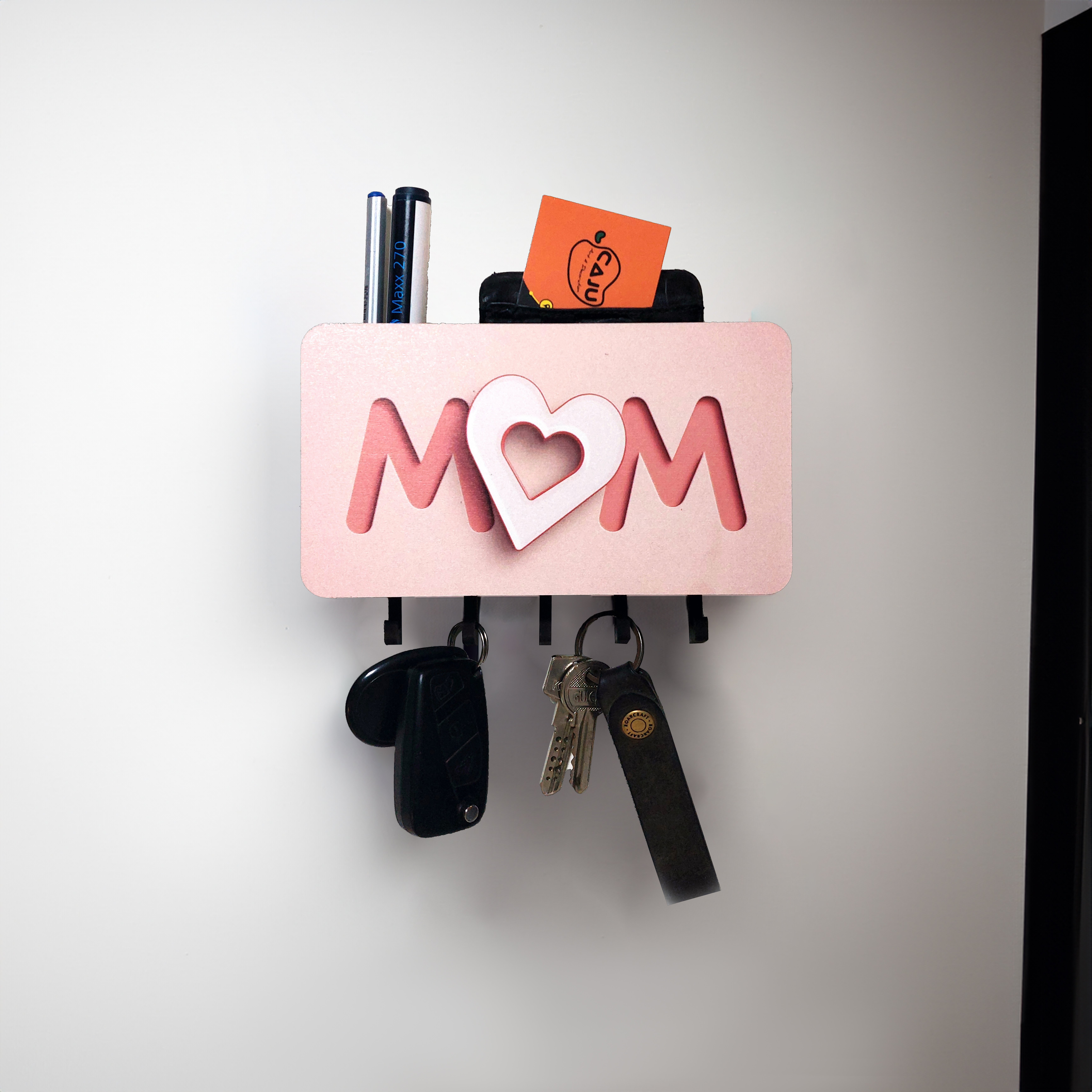 Pembe Kalpli Mom Anne Yazılı Bölmeli Anahtarlık Duvar Askılık Dekor