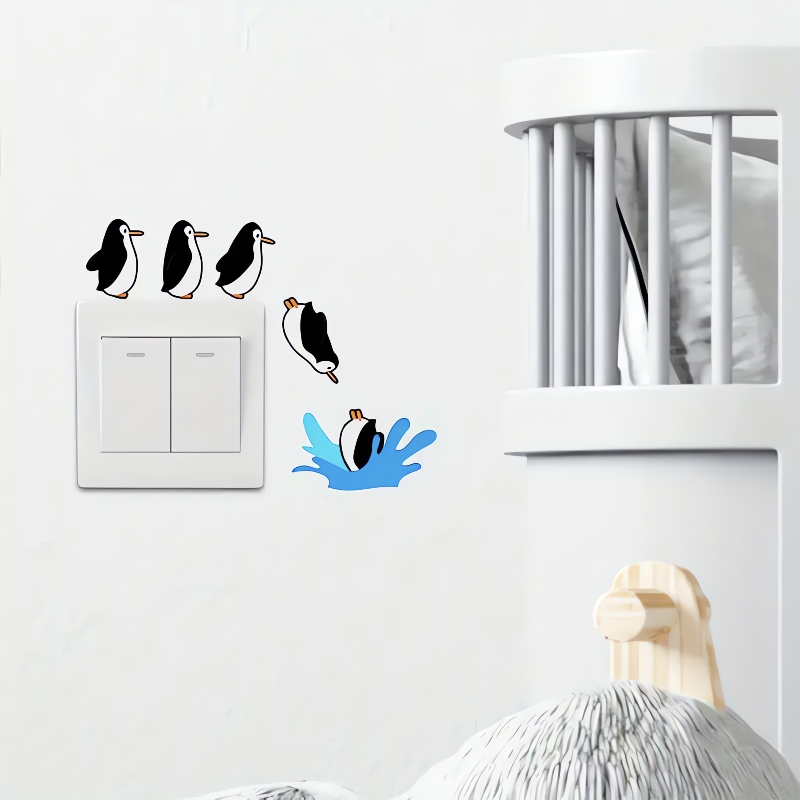 CajuArt 5 Parça Suya Dalan Penguenler Ahşap Priz Anahtar Sticker Modern Dekor Süs